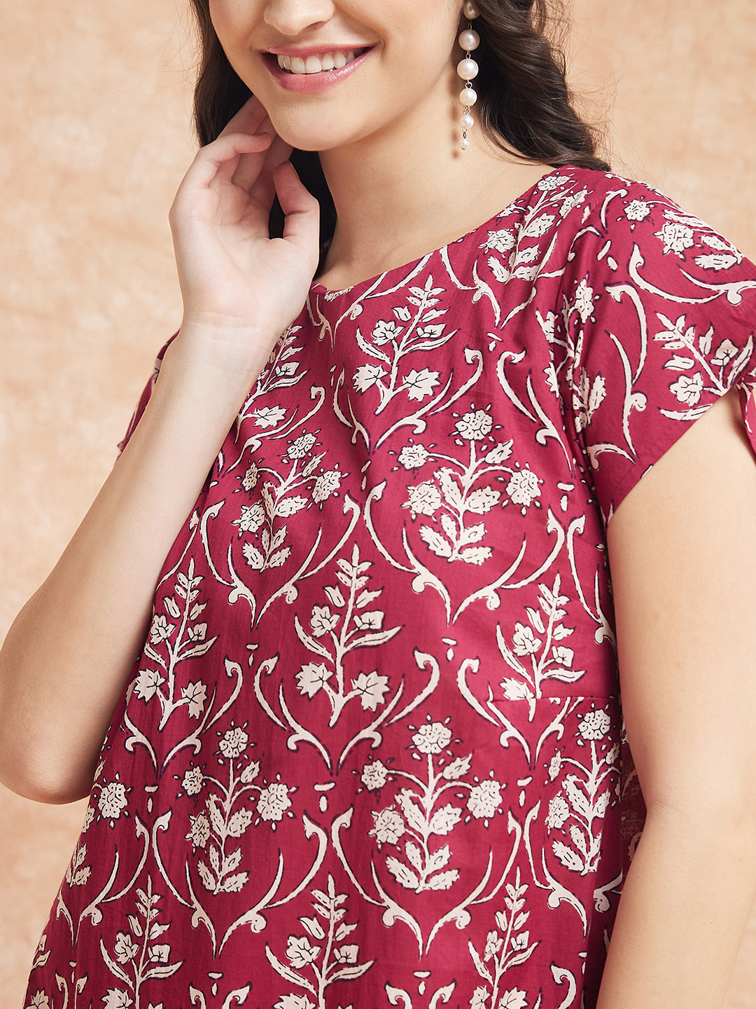 InWeave Women's Wine Cream Floral Print A Line Dress - Swadesiicart