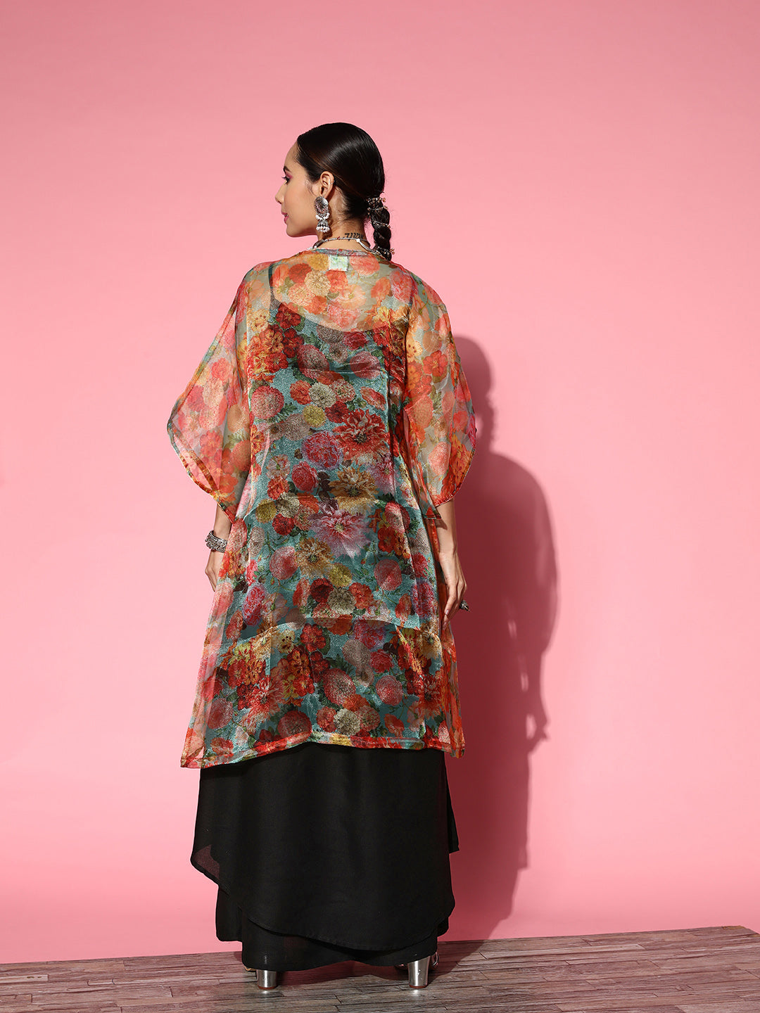 InWeave Black Strappy Set With Green Floral Organza Cape - Swadesiicart