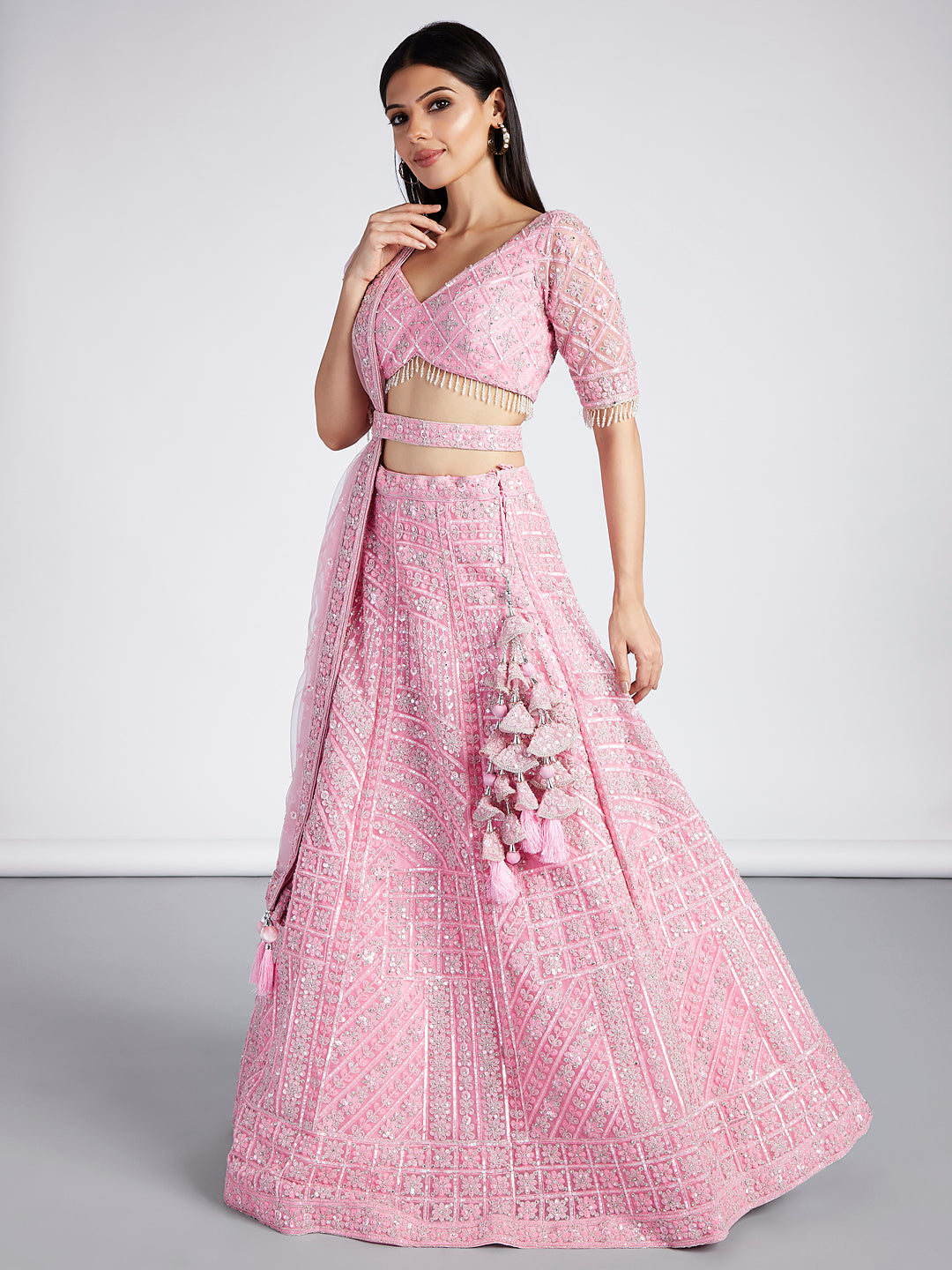 House of Panchhi Pink Net Sequins, Zarkan And Thread Embroidery Lehenga Choli & Dupatta | Swadesiicart