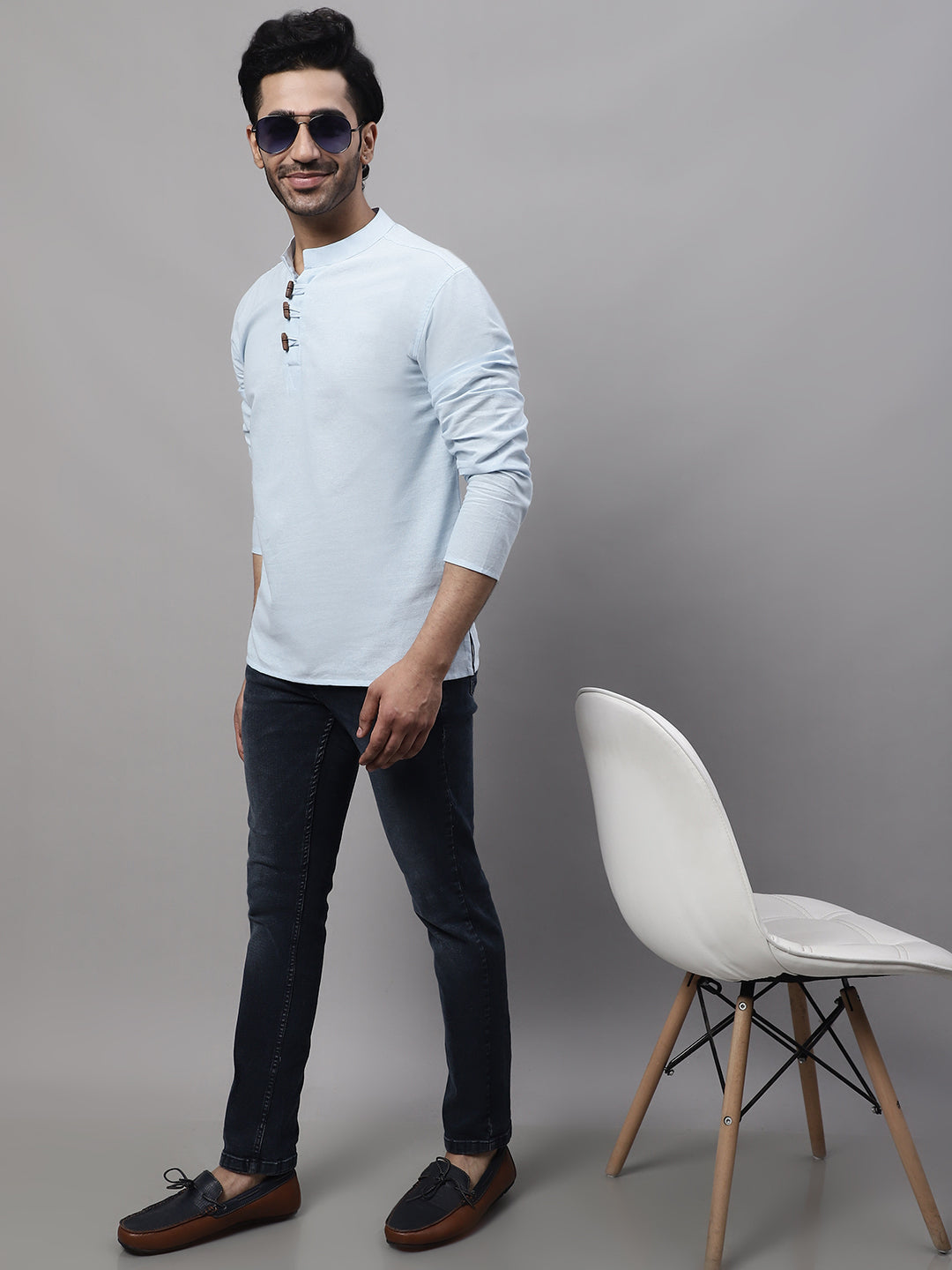 Even Apparels Blue Pure Cotton Kurta With Band Collar | Swadesiicart