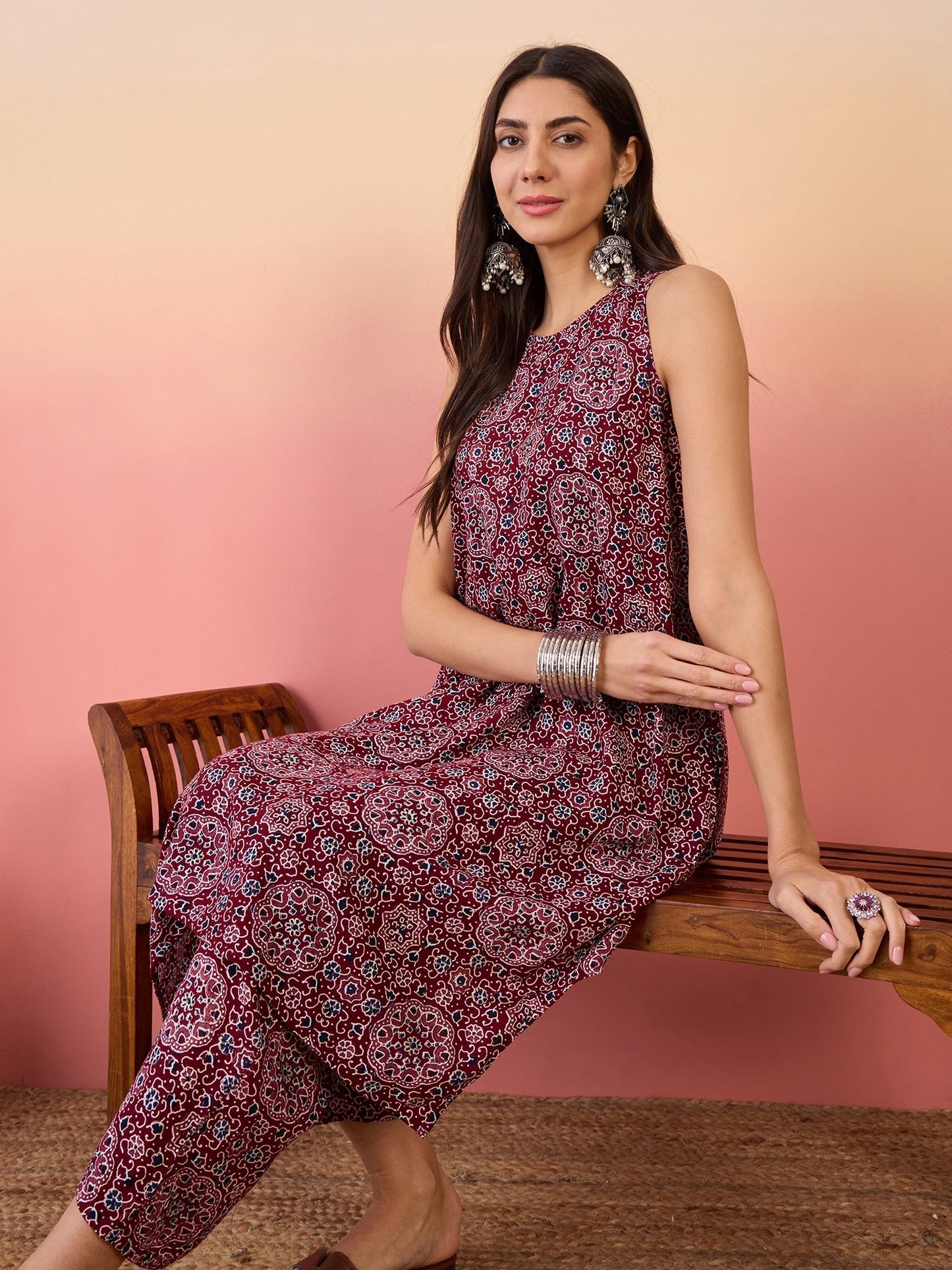 InWeave Maroon Navy Ajrakh Foil Round Neck Kurta Pant Set - Swadesiicart