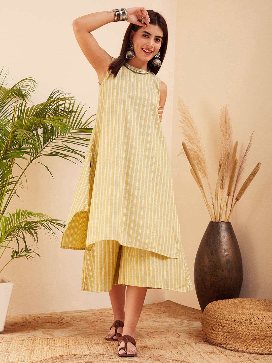 InWeave Women's Light Yellow Lurex Kantha Mandarin Neck Kurta Palazzo Set - Swadesiicart