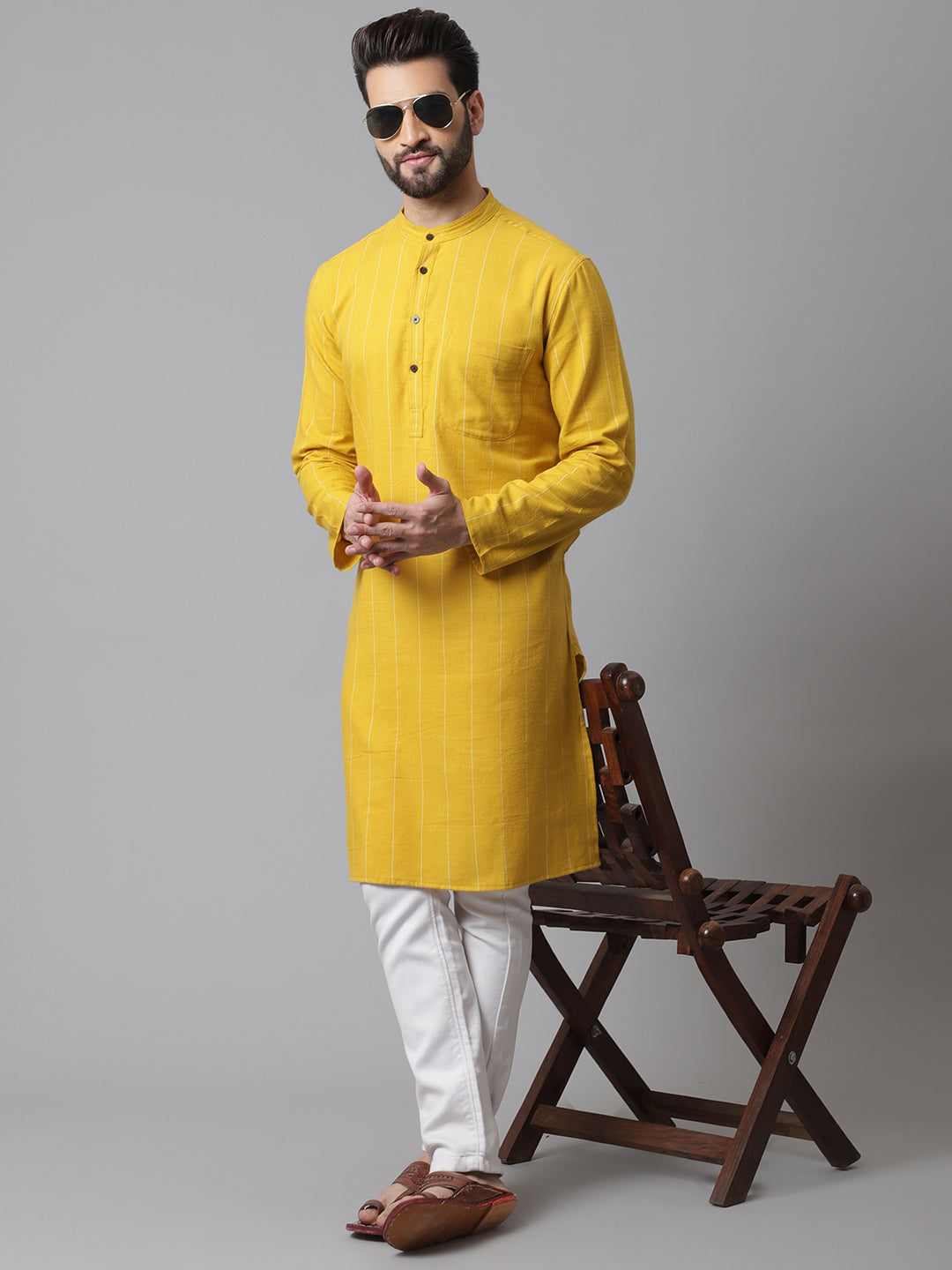 Even Apparels Yellow Pure Cotton Kurta With Band Collar | Swadesiicart