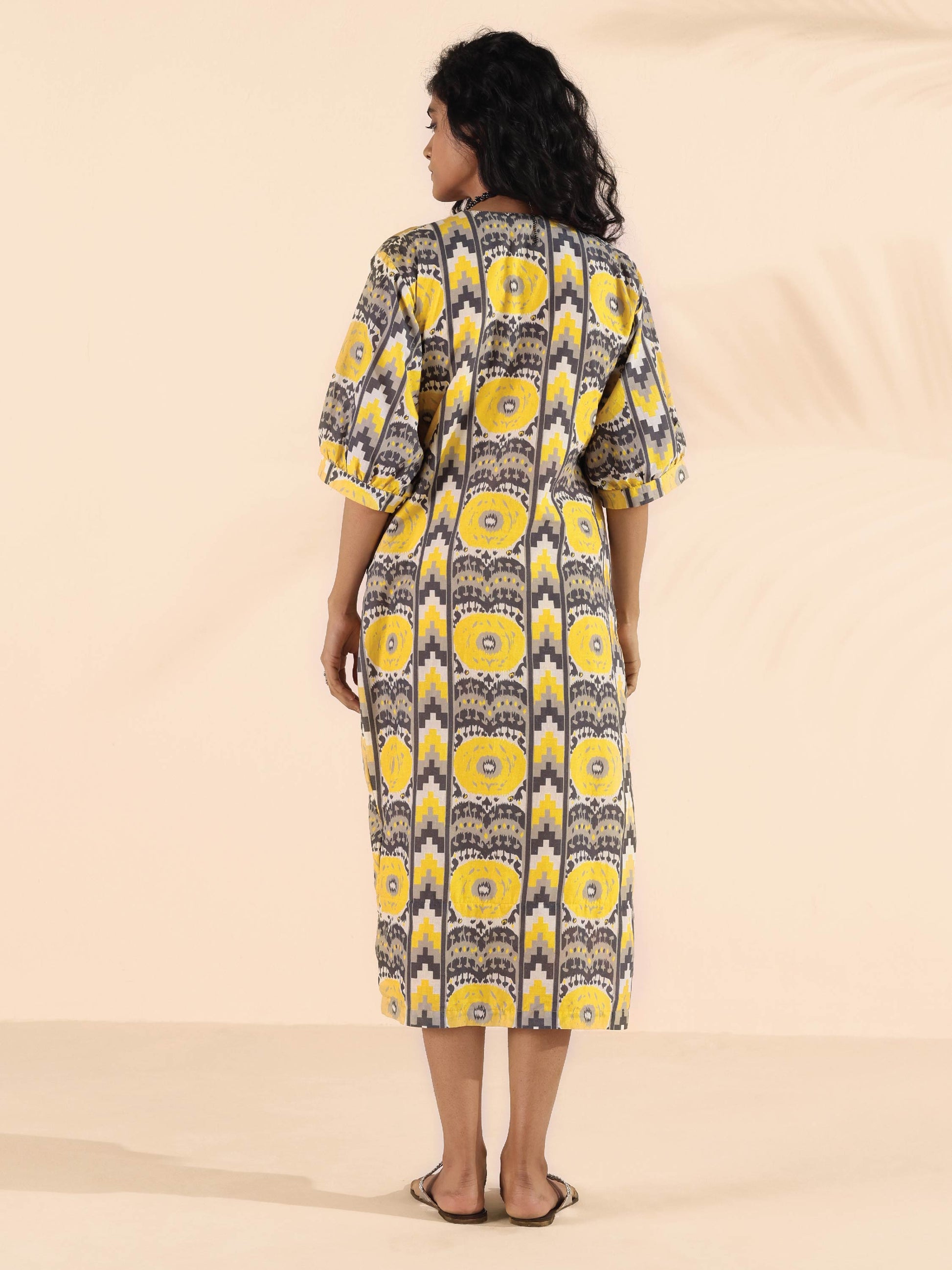trueBrowns Yellow Cotton Ikat Slit Dress | Swadesiicart