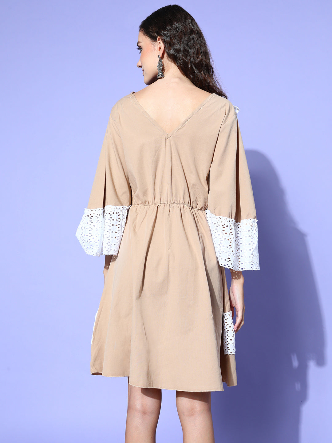 InWeave Women's Beige Lacy Short Dress - Swadesiicart