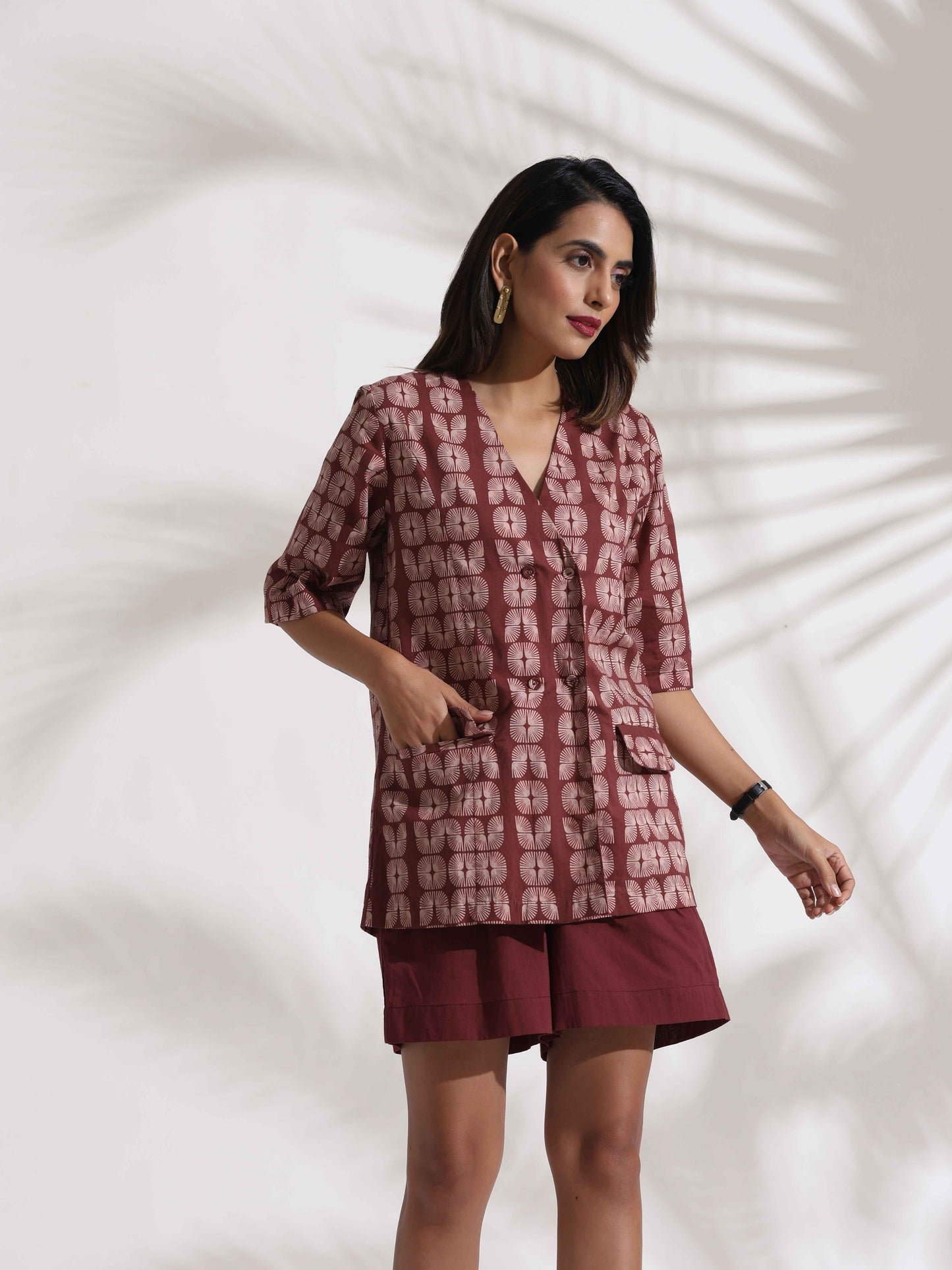 trueBrowns Brown Cotton Print Jacket Top & Short Co-ord Set - Swadesiicart