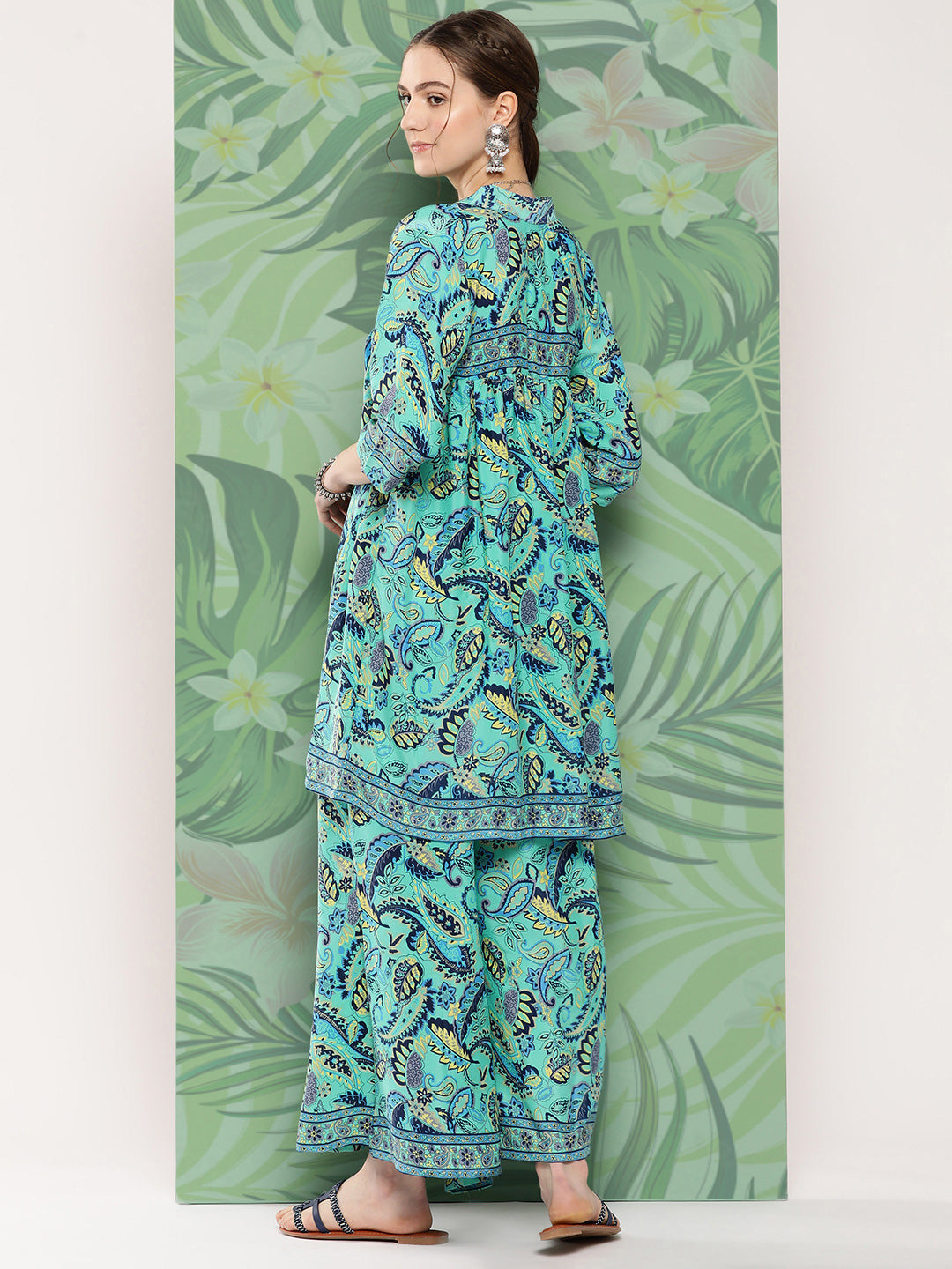 InWeave Women's Turquoise Blue Camelia Printed Ethnic Kurta Set - Swadesiicart