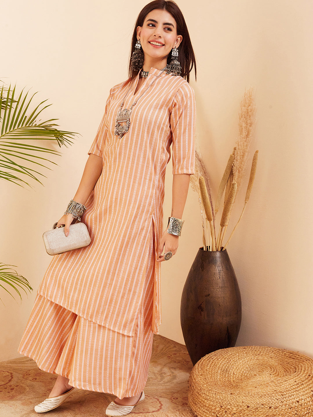 InWeave Women's Light Mustard Lurex Kantha Mandarin Neck Kurta Palazzo Set - Swadesiicart