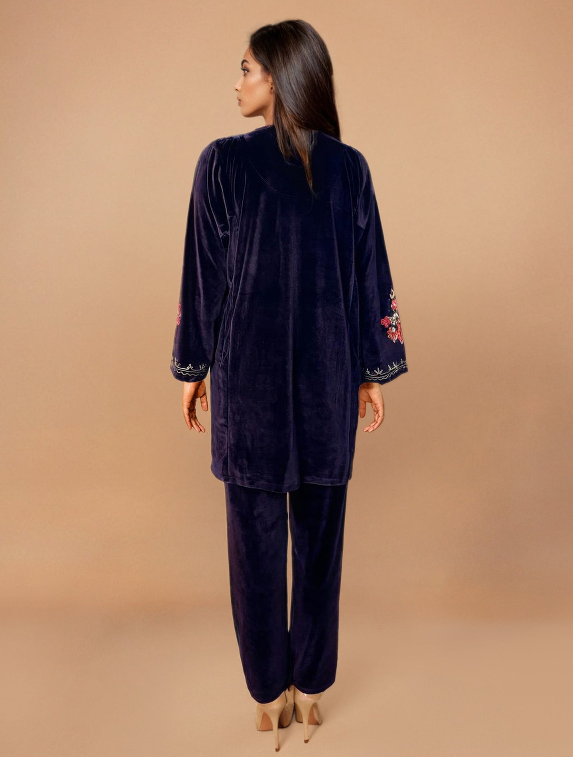 trueBrowns Purple Velvet Embroidered Co-ord Set - Swadesiicart