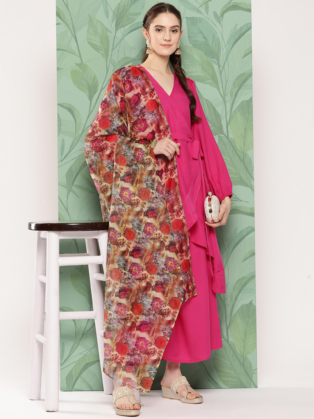 InWeave Women's Magenta Tie Up Kurta Set W Camel Brown Or Dupatta - Swadesiicart
