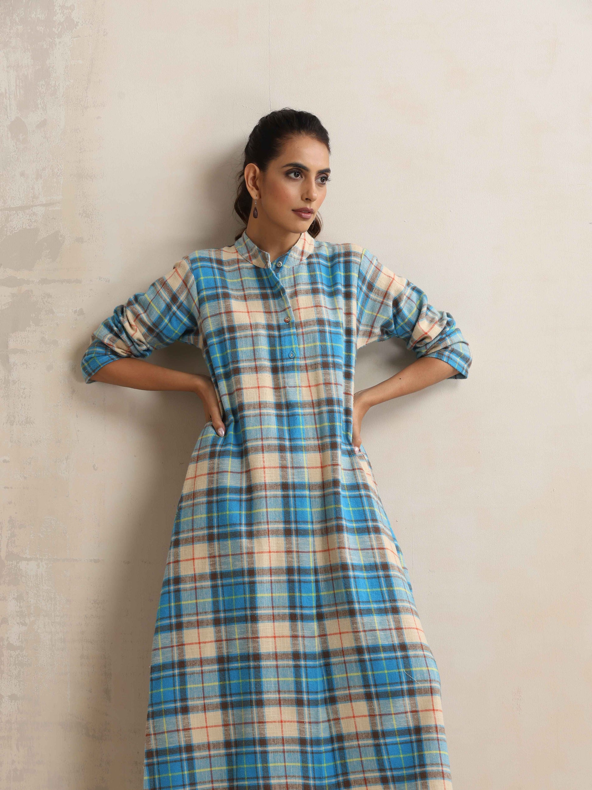 trueBrowns Beige Check Flared Winter Dress | Swadesiicart