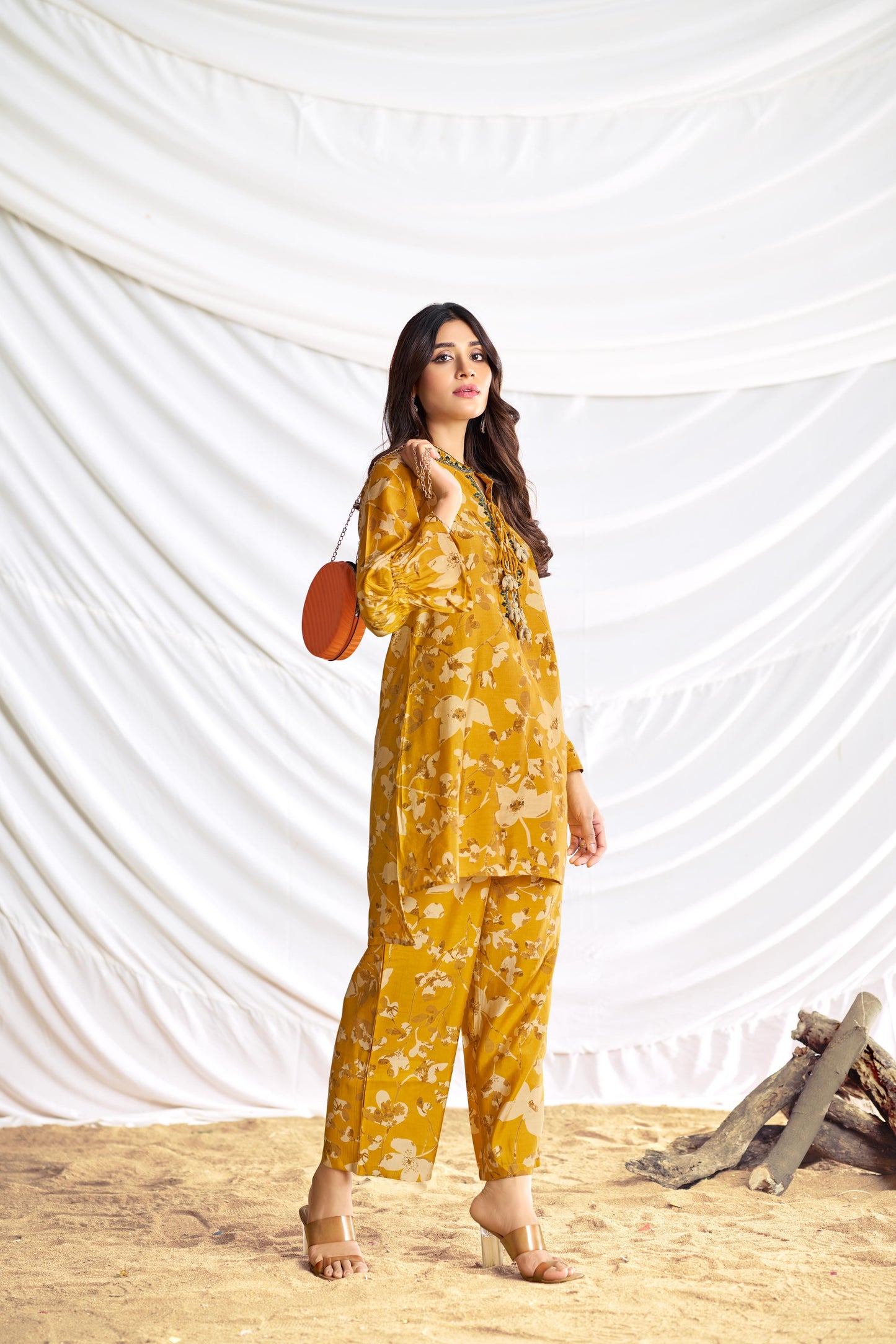 BulBul Preha Mustard Chanderi Co-Ord Set - Swadesiicart