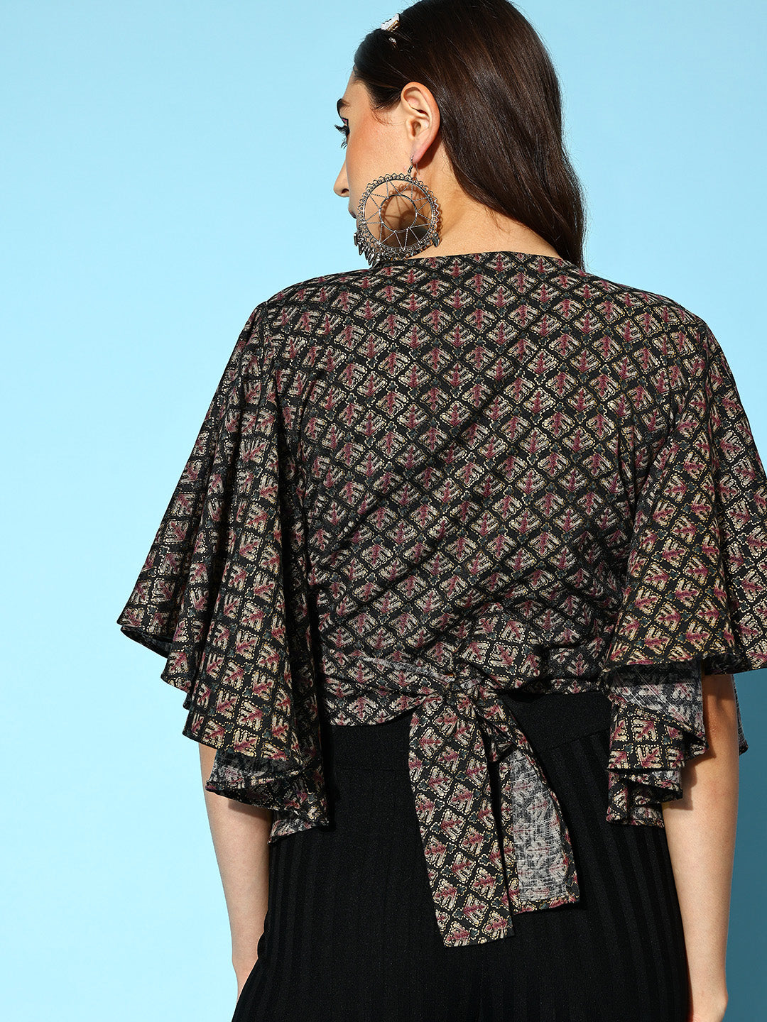 InWeave Women's Black Foil Print Bell Sleeves Top - Swadesiicart