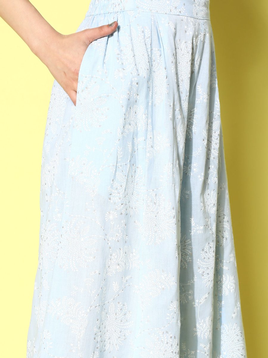 Ahalyaa Women Off White & Blue Floral Printed Flared Ethnic Palazzos | Swadesiicart