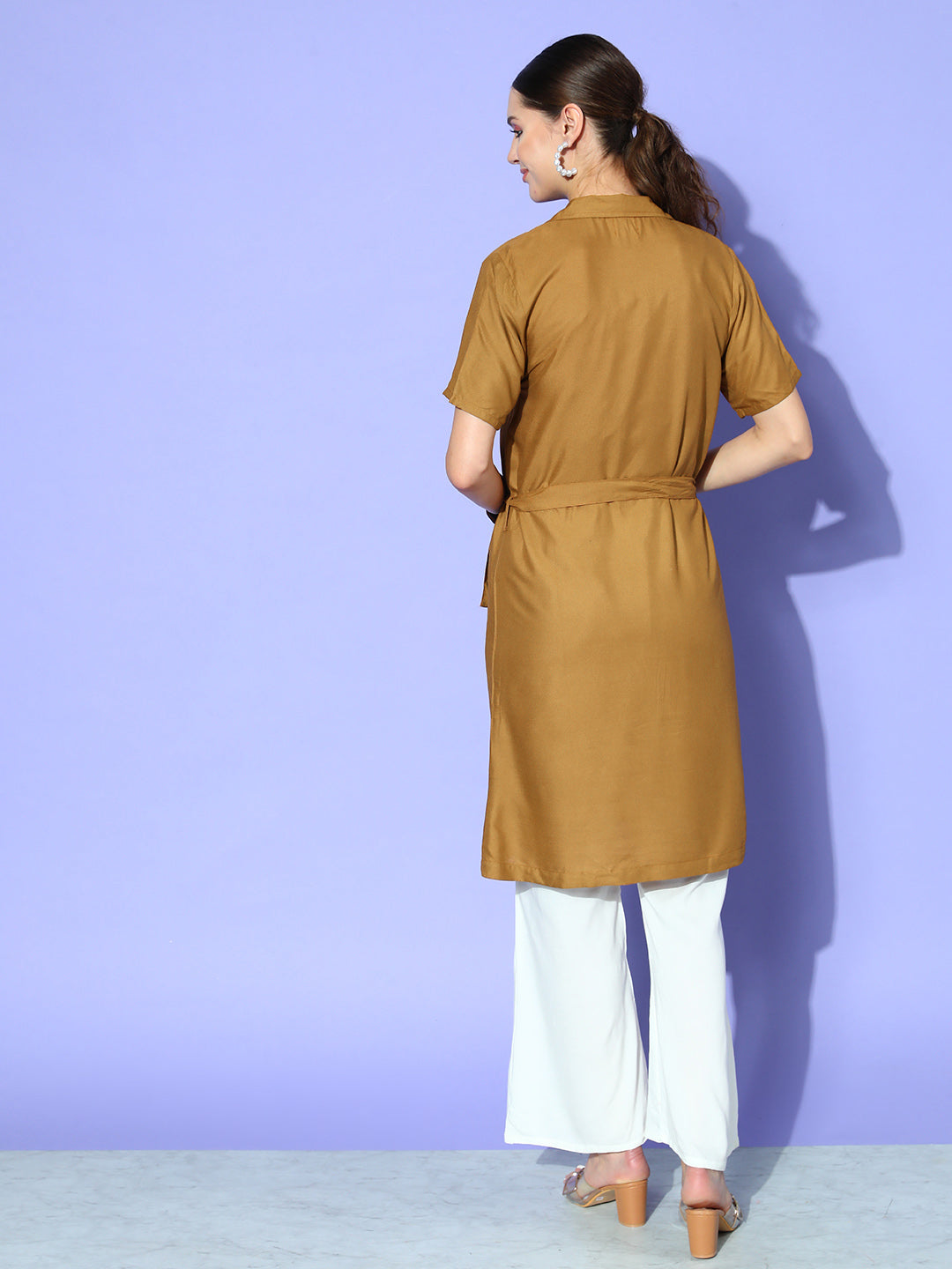 InWeave Women's Camel Brown Cream Pant Coord Set With Mauve Crop Top - Swadesiicart