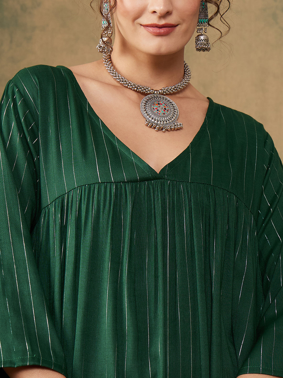 InWeave Women's Pine Green Lurex Flared V Neck Kurta Palazzo Set - Swadesiicart