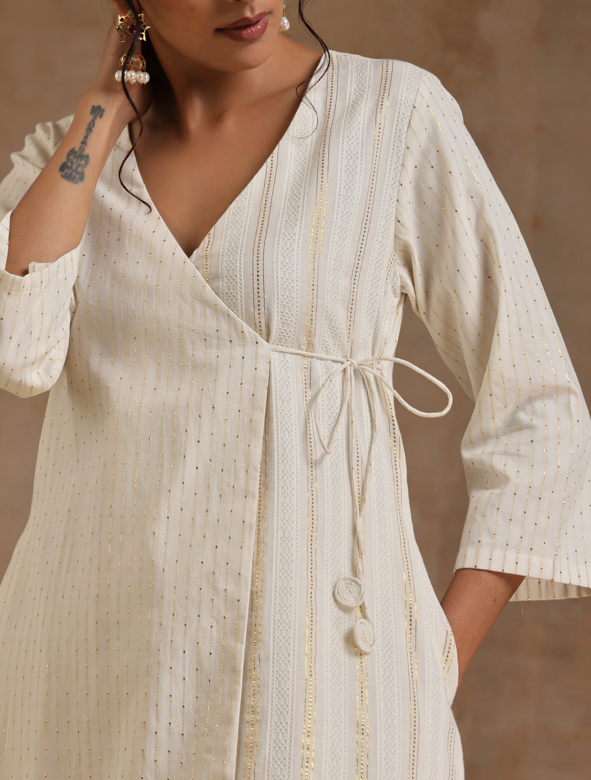 trueBrowns Ivory Gold Cotton Angrakha Kurta Set | Swadesiicart