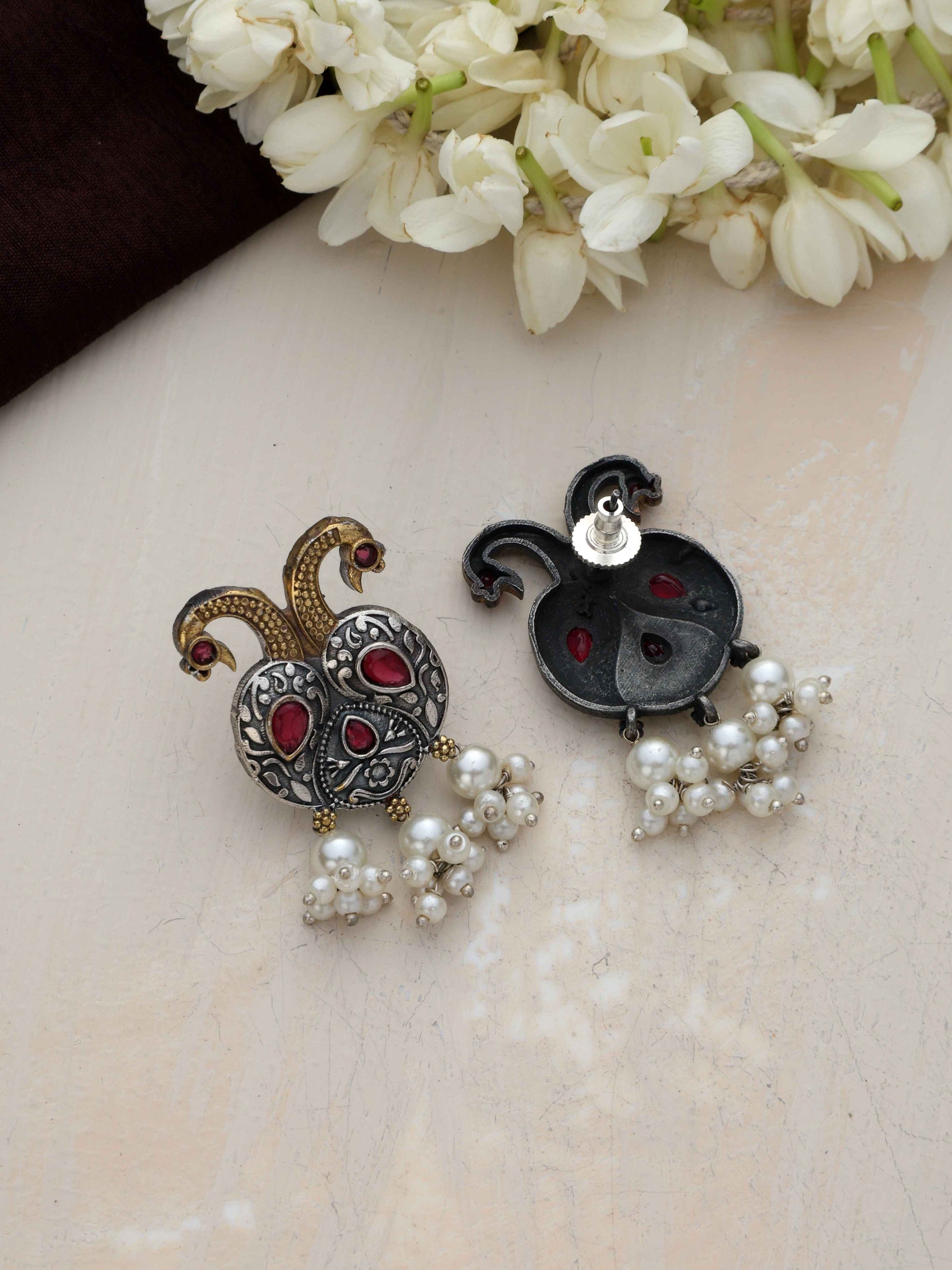 trueBrowns Silver Gold Tone Peacock Stud Earrings | Swadesiicart