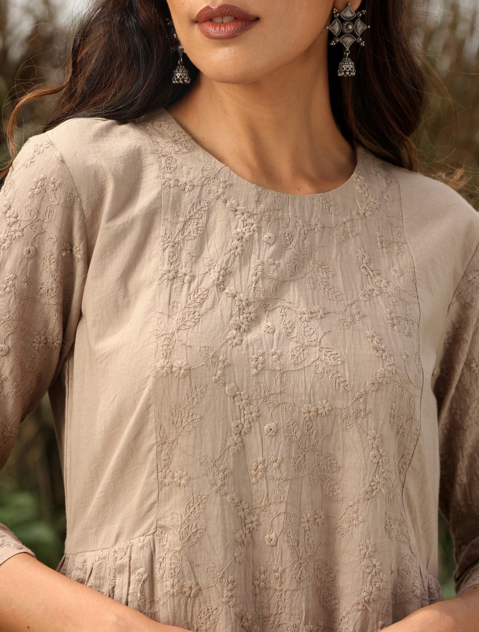 trueBrowns Khaki Cotton Embroidered Co-ord Set - Swadesiicart