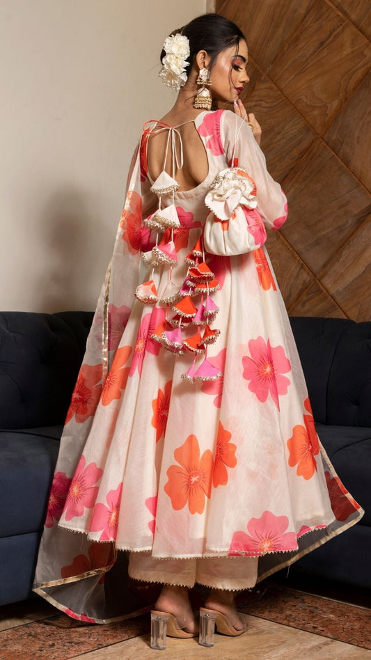 Pomcha Jaipur Carnation Off White Anarkali Set | Swadesiicart