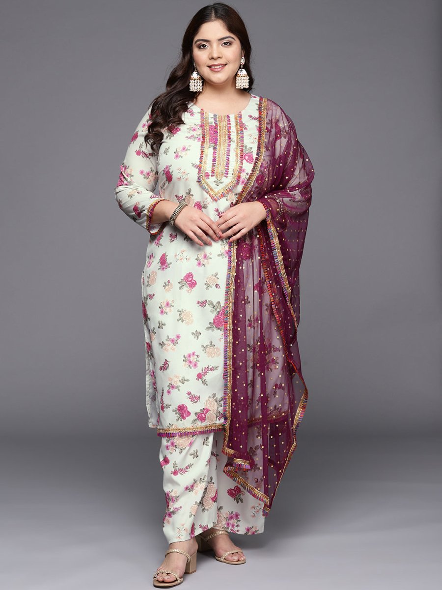 Ahalyaa Plus Size Floral Printed Zari Kurta with Palazzos & With Dupatta | Swadesiicart