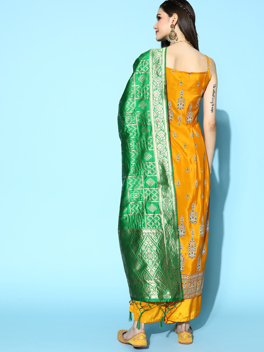 InWeave Women's Mustard Foil Print Strappy With Green Brocade Dupatta - Swadesiicart