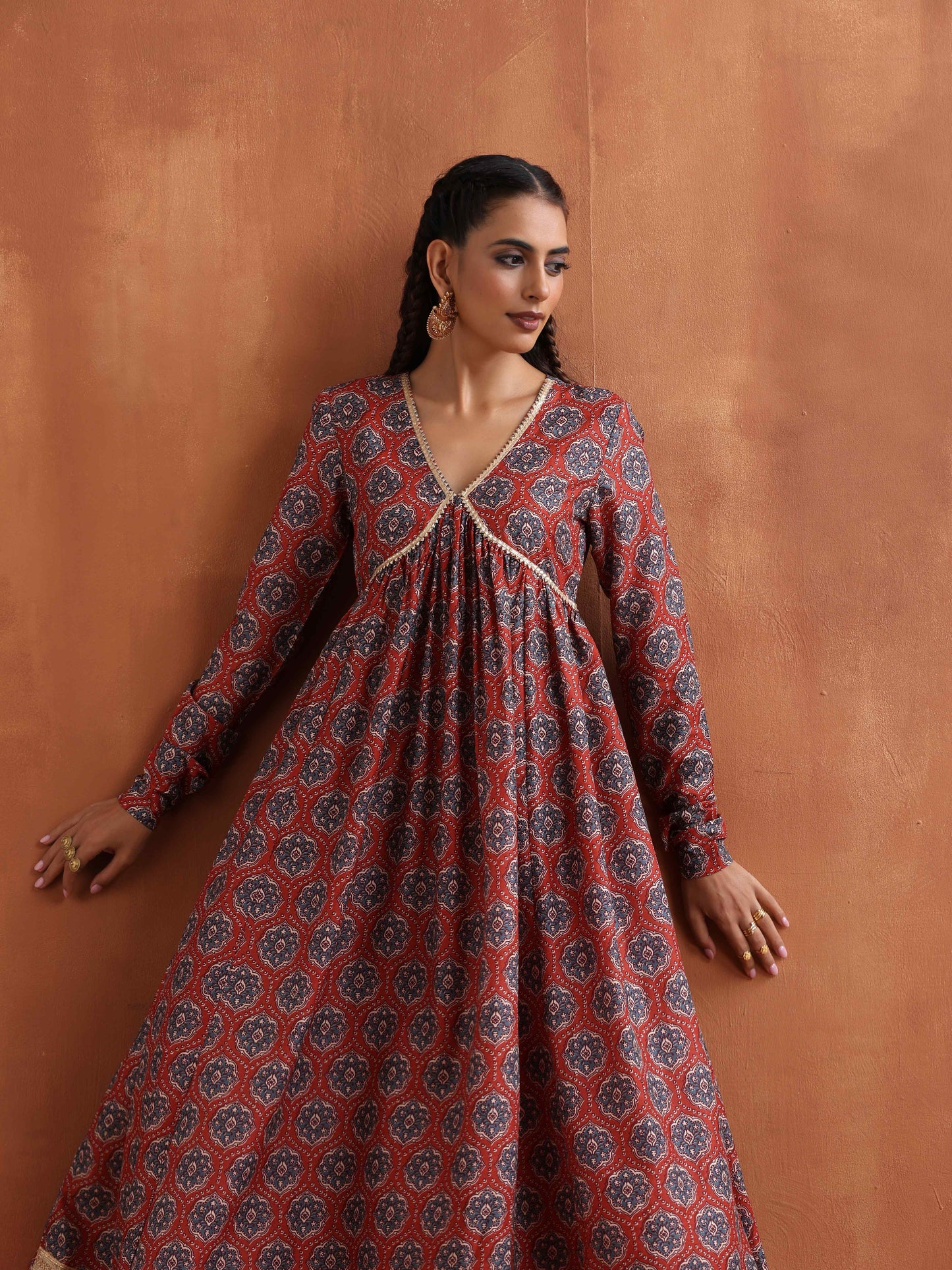trueBrowns Rust Ajrak Print Flared Anarkali Kurta Set | Swadesiicart