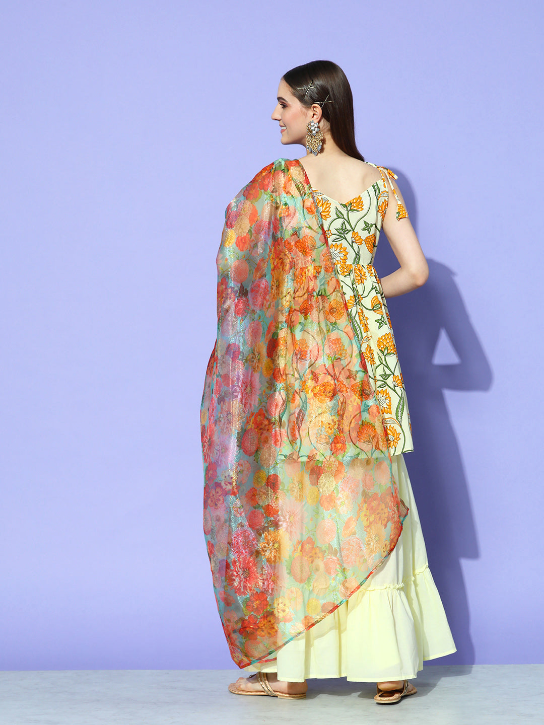 InWeave Women's Off White Yellow Floral Print Tie Up Kurta Sharara Set With Dupatta - Swadesiicart