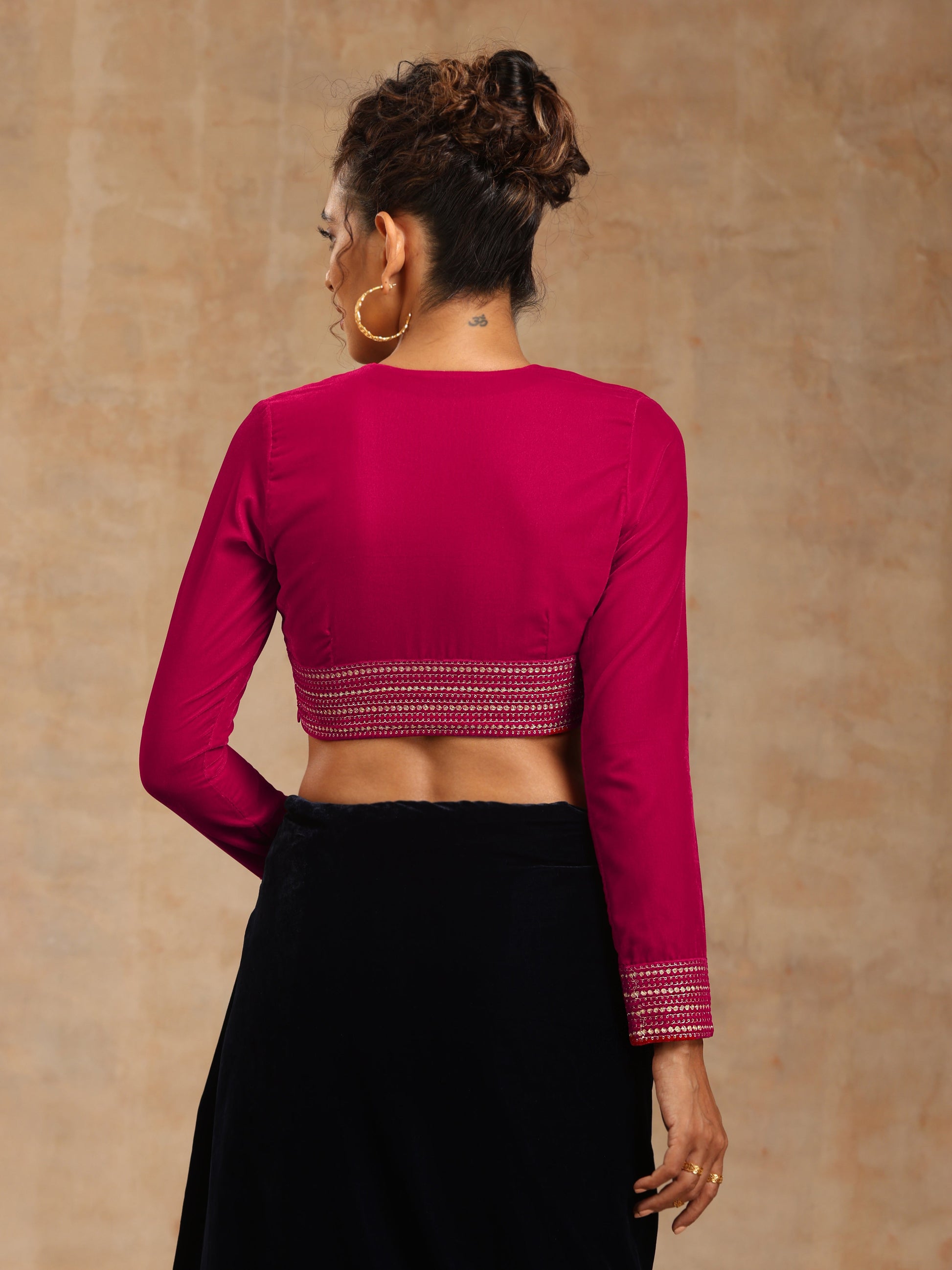 trueBrowns Rani Pink Velvet Embroidered Blouse | Swadesiicart