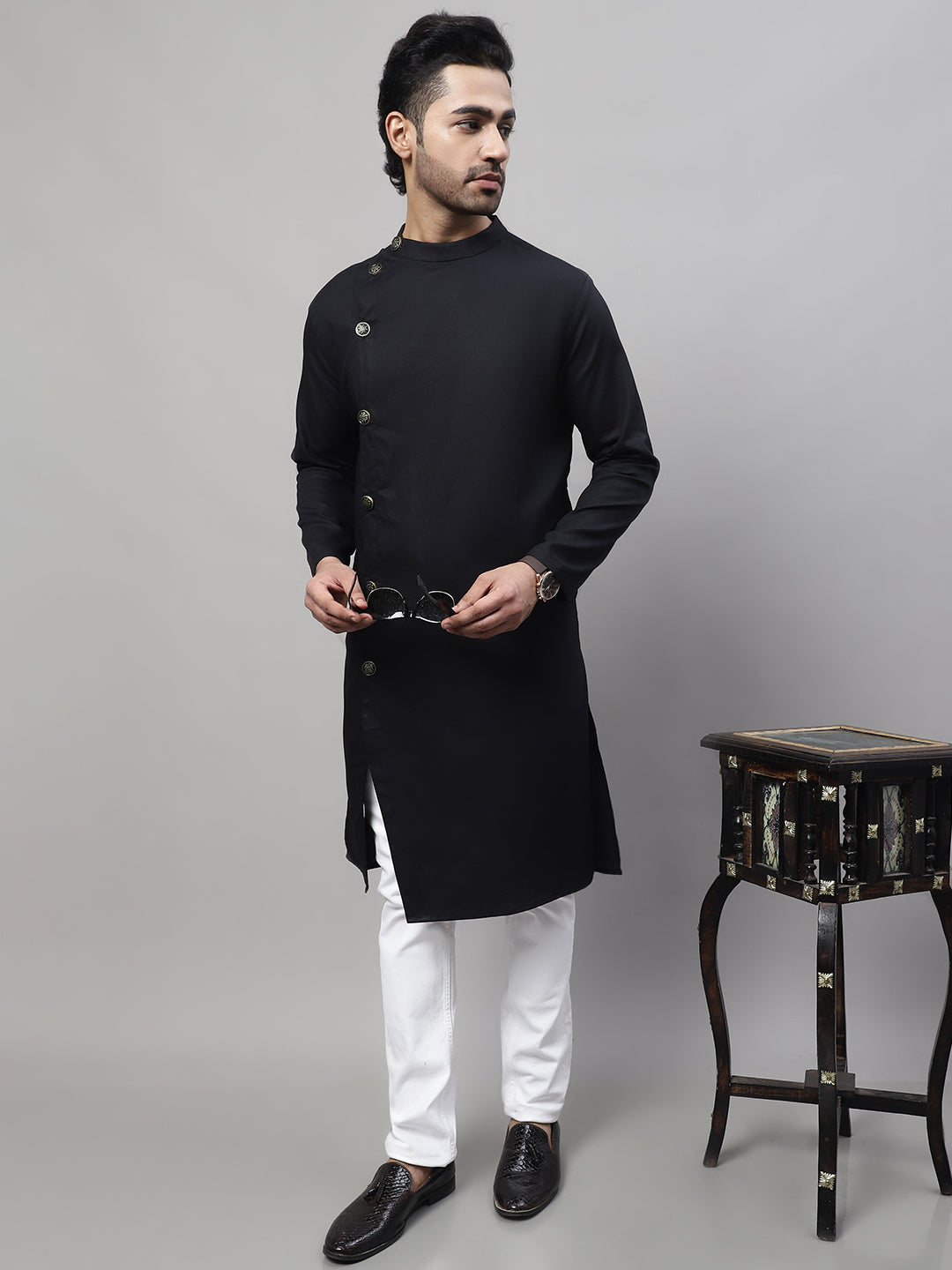 Even Apparels Black Sherwani Kurta With Asymetrical Cut | Swadesiicart