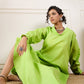 InWeave Neon Green Shawl Neck Long Side Pleat Dress - Swadesiicart
