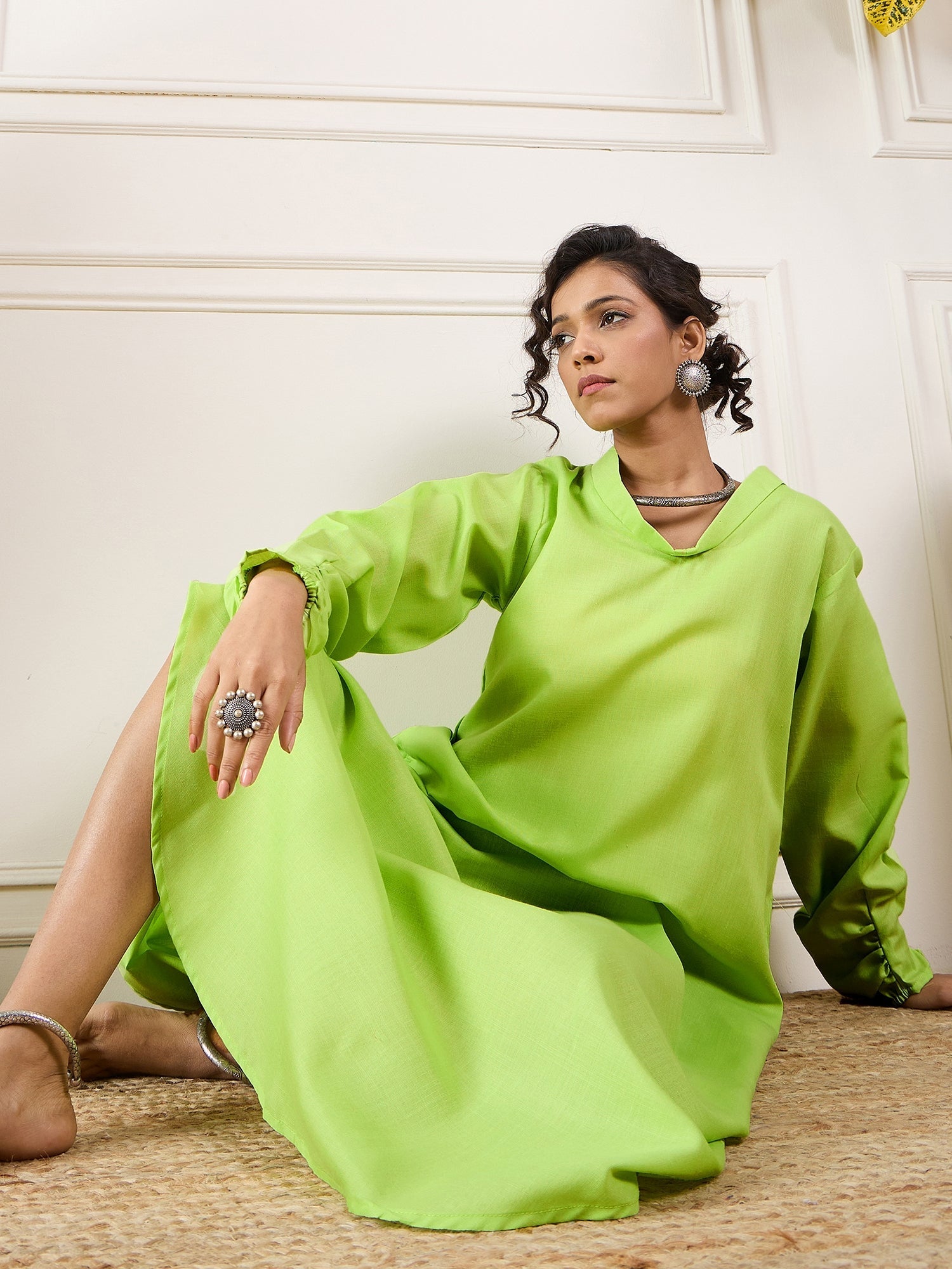 InWeave Neon Green Shawl Neck Long Side Pleat Dress - Swadesiicart
