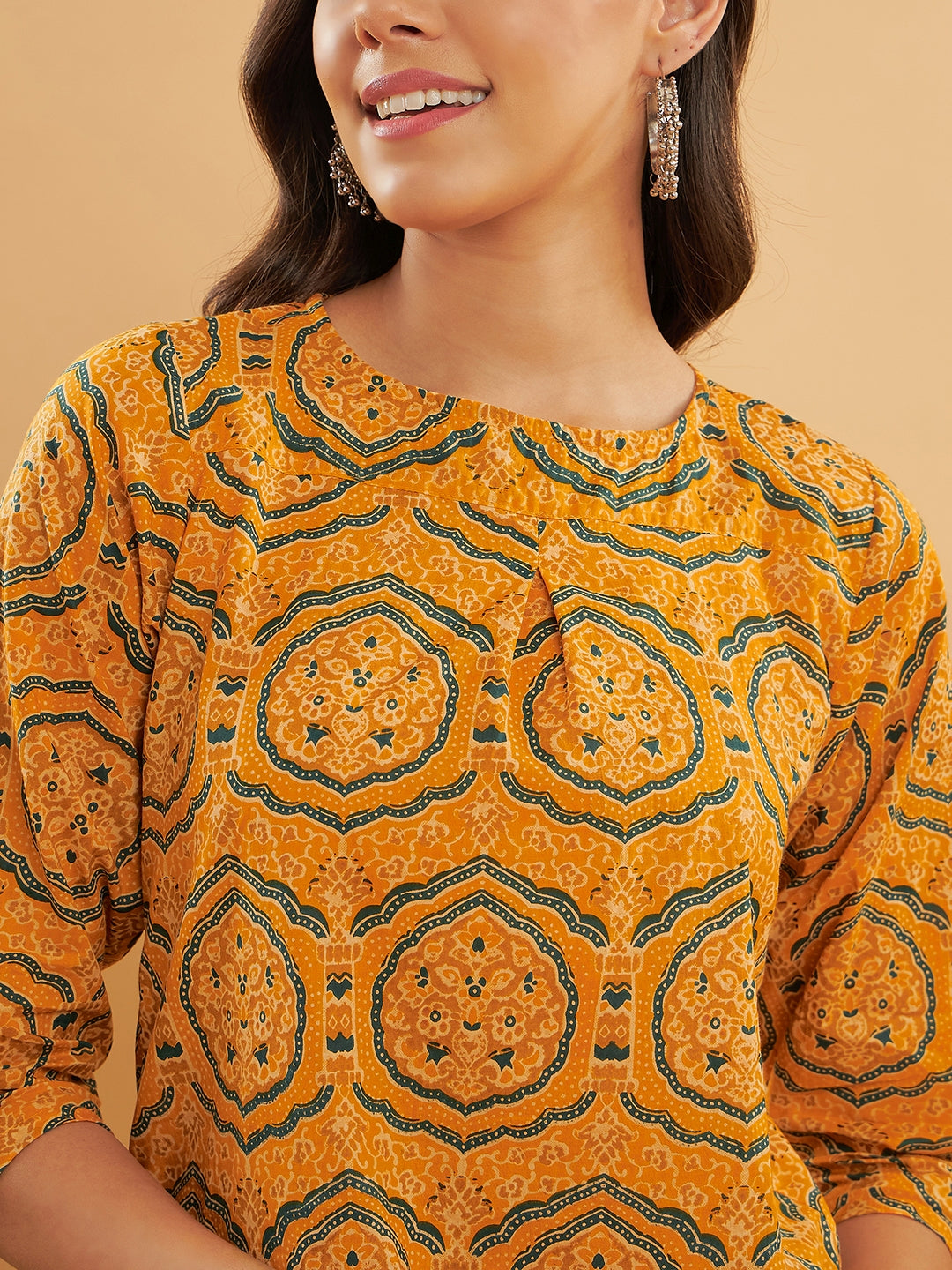 InWeave Women's Haldi Yellow Mughal Kalamkari Top - Swadesiicart