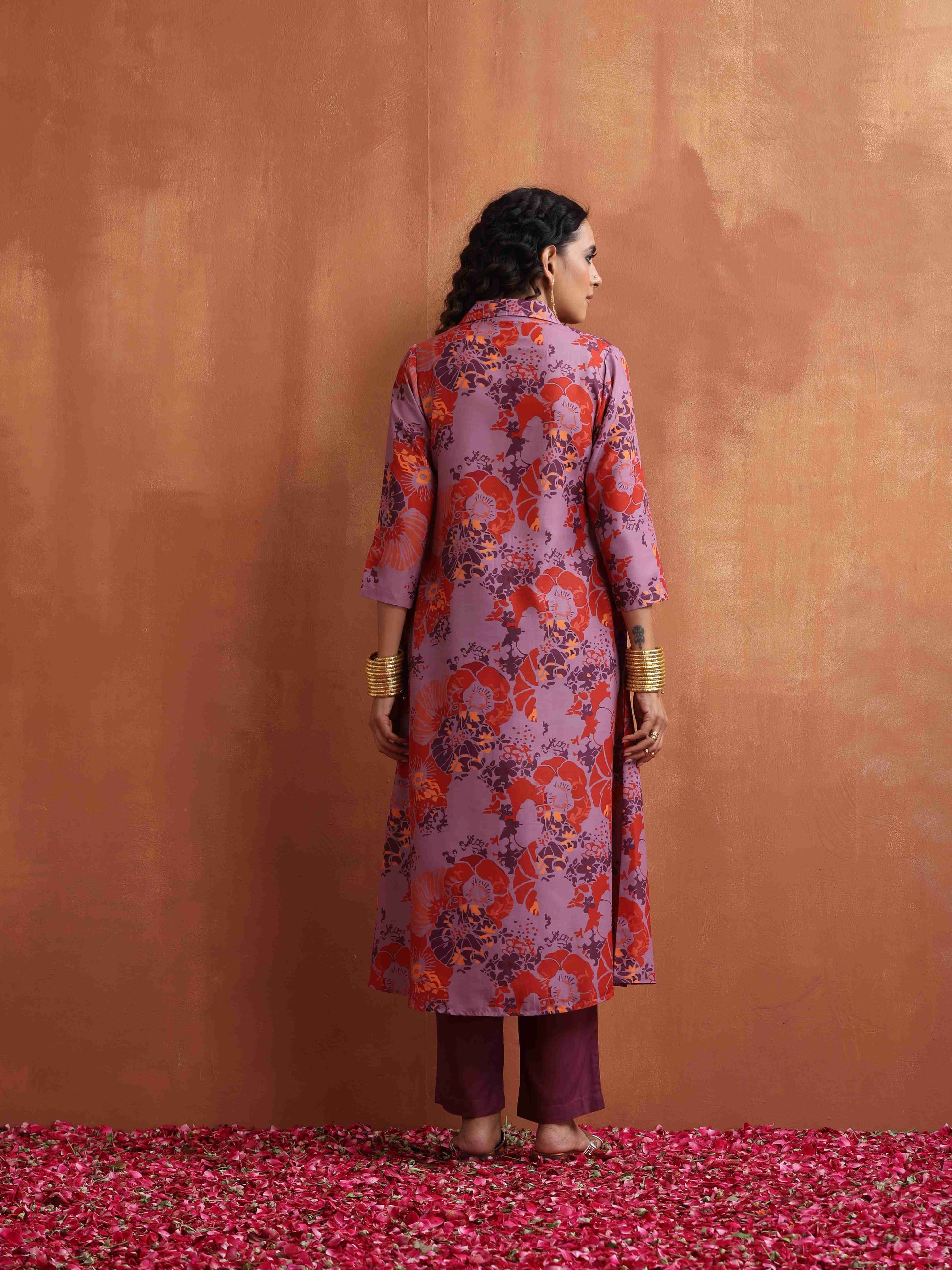 trueBrowns Purple Print Shirt Kurta Set | Swadesiicart