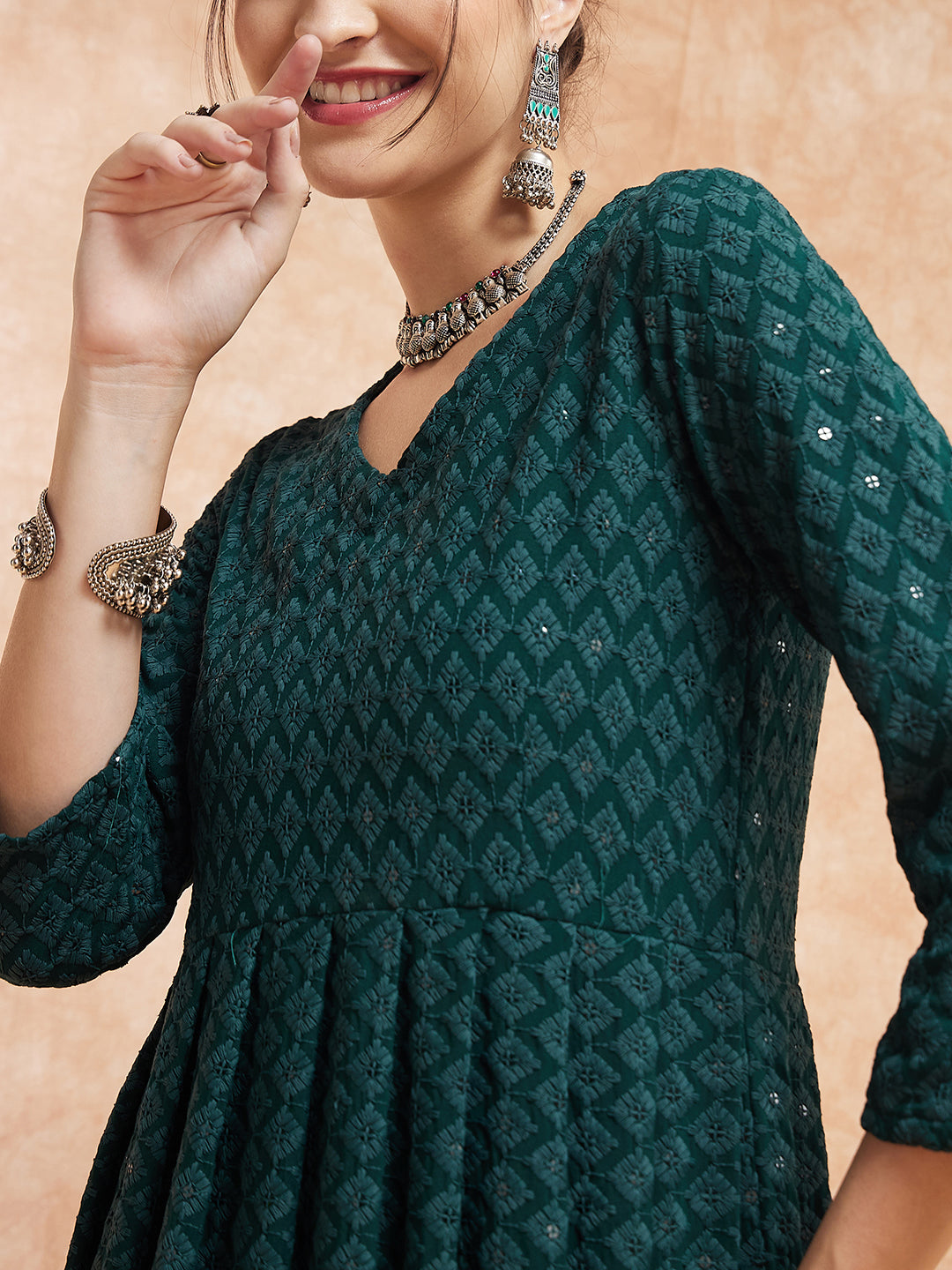 InWeave Women's Forest Green Chikankari Long Anarkali Kurta Sharara Set - Swadesiicart