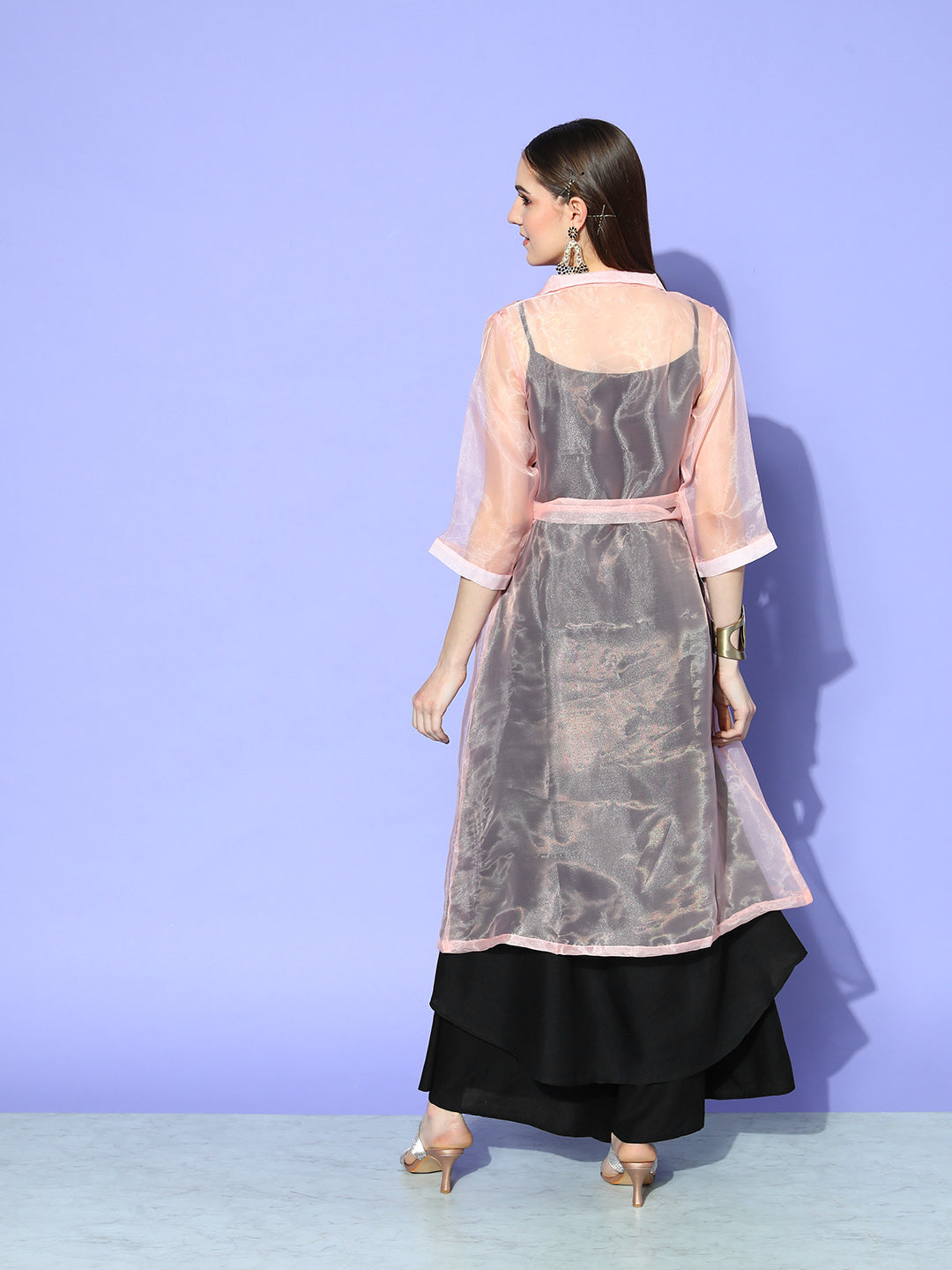 InWeave Women's Black Strappy Kurta Set With Peach Organza Cape - Swadesiicart