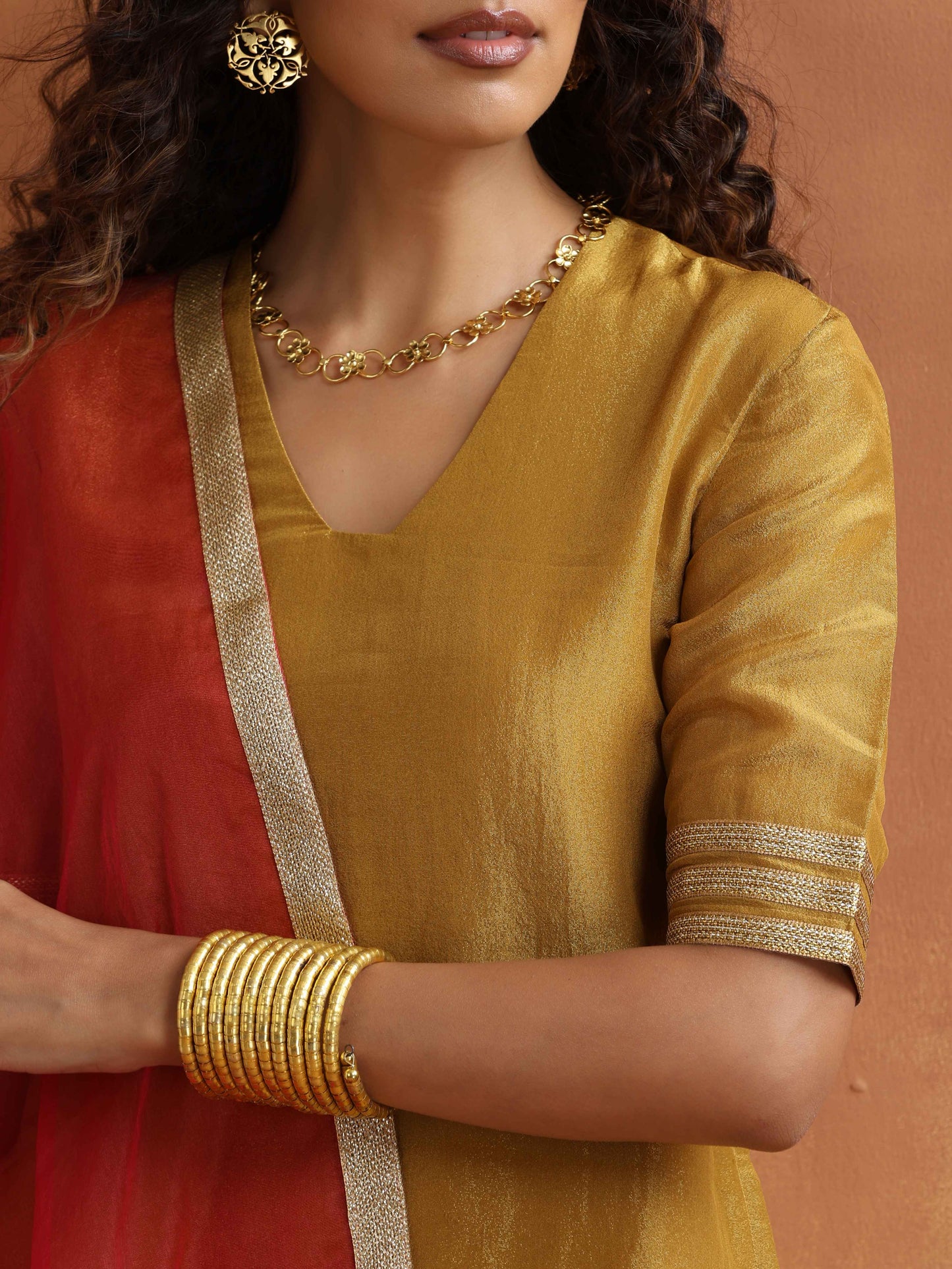 trueBrowns Gold Tissue Sharara Dupatta Set | Swadesiicart