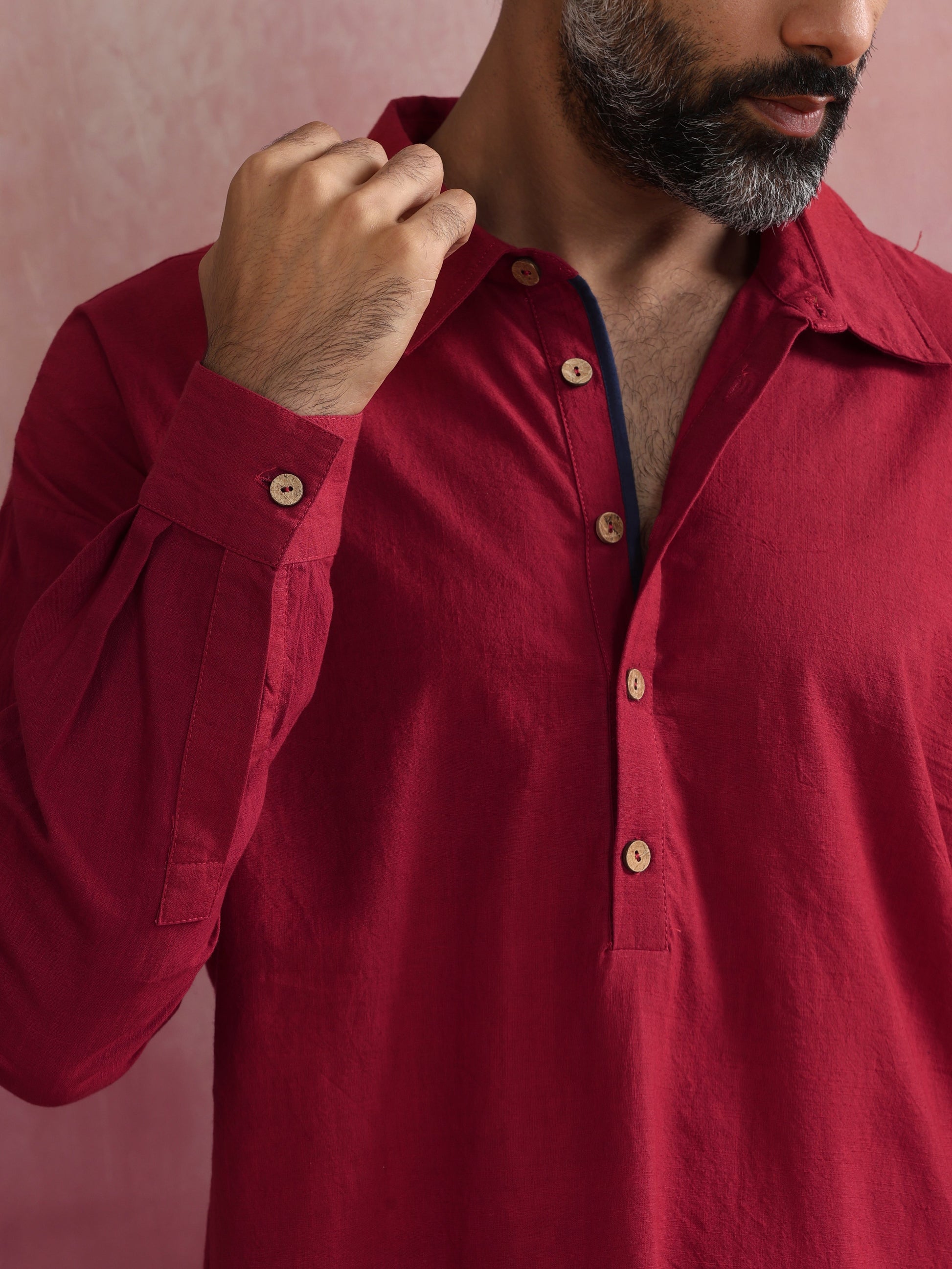 trueBrowns Men's Maroon Cotton Shirt Collar Stylized Kurta | Swadesiicart
