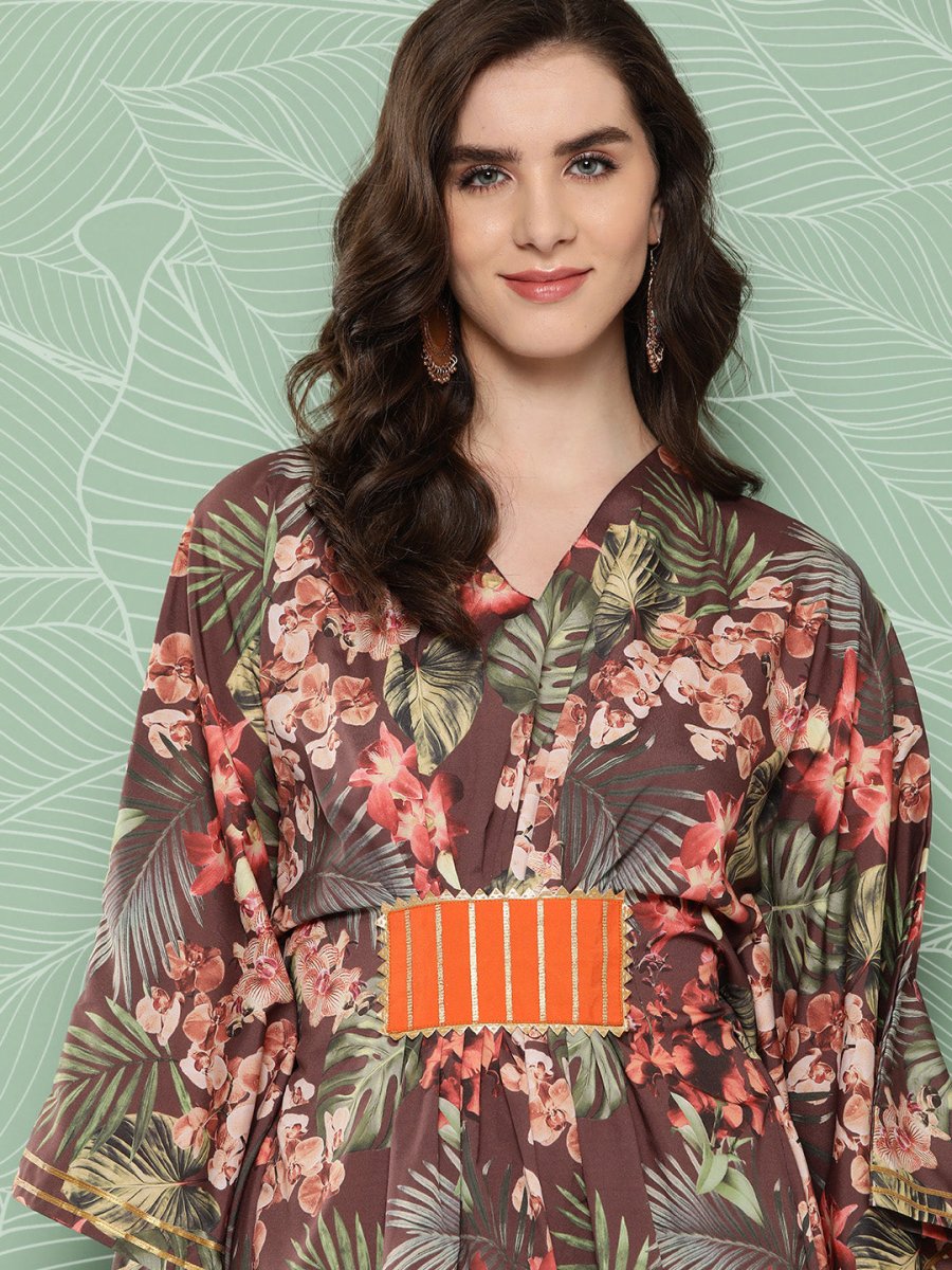 Ahalyaa Women Floral Printed Flared Sleeves Gotta Patti Crepe Kaftan Kurta | Swadesiicart