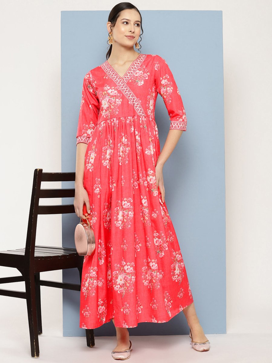 Ahalyaa Floral Printed Pleated Maxi Empire Ethnic Dress | Swadesiicart