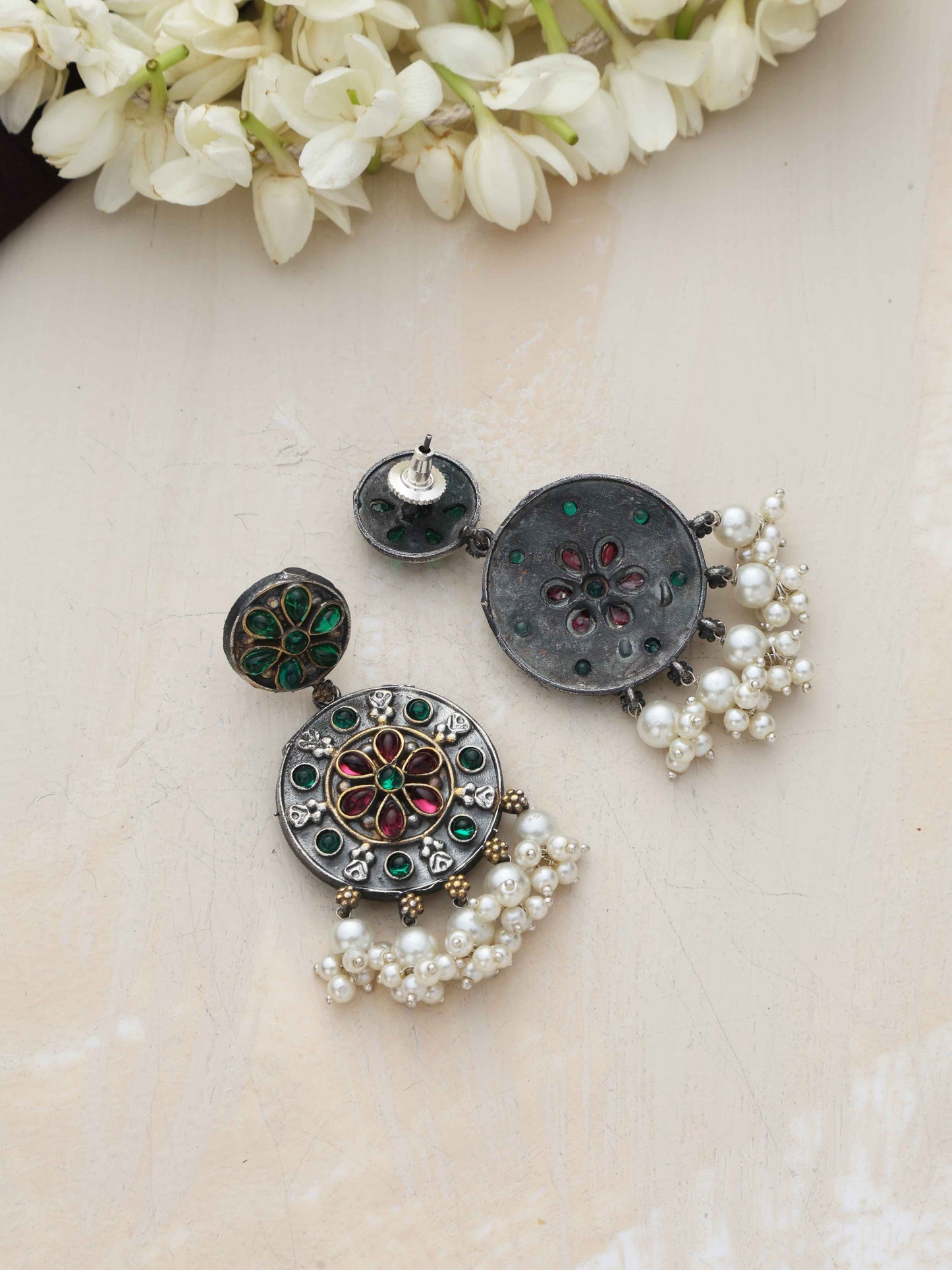 trueBrowns Silver Gold Tone Circular Stone Earrings - Swadesiicart