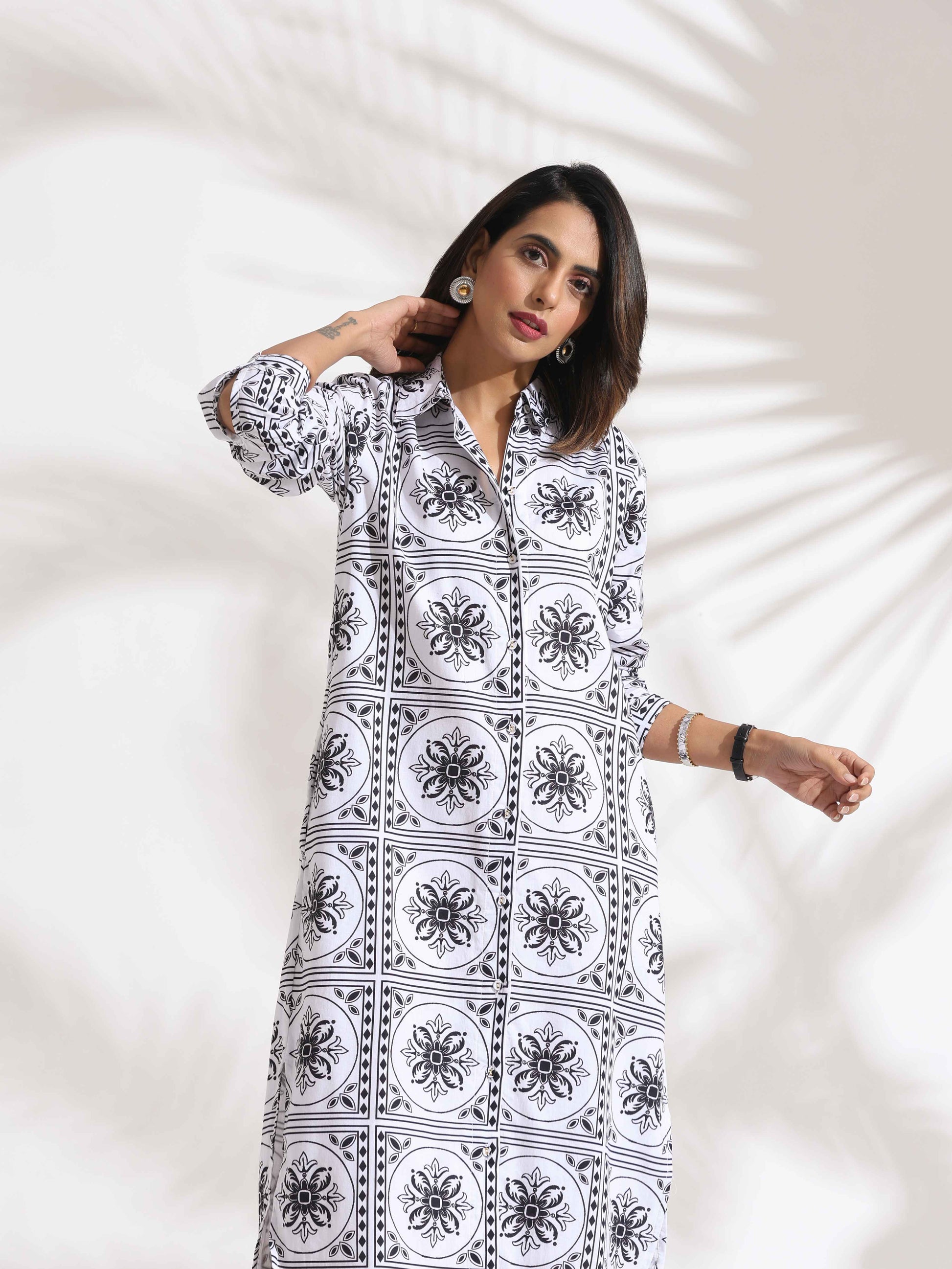 trueBrowns White Cotton Print Shirt Dress | Swadesiicart