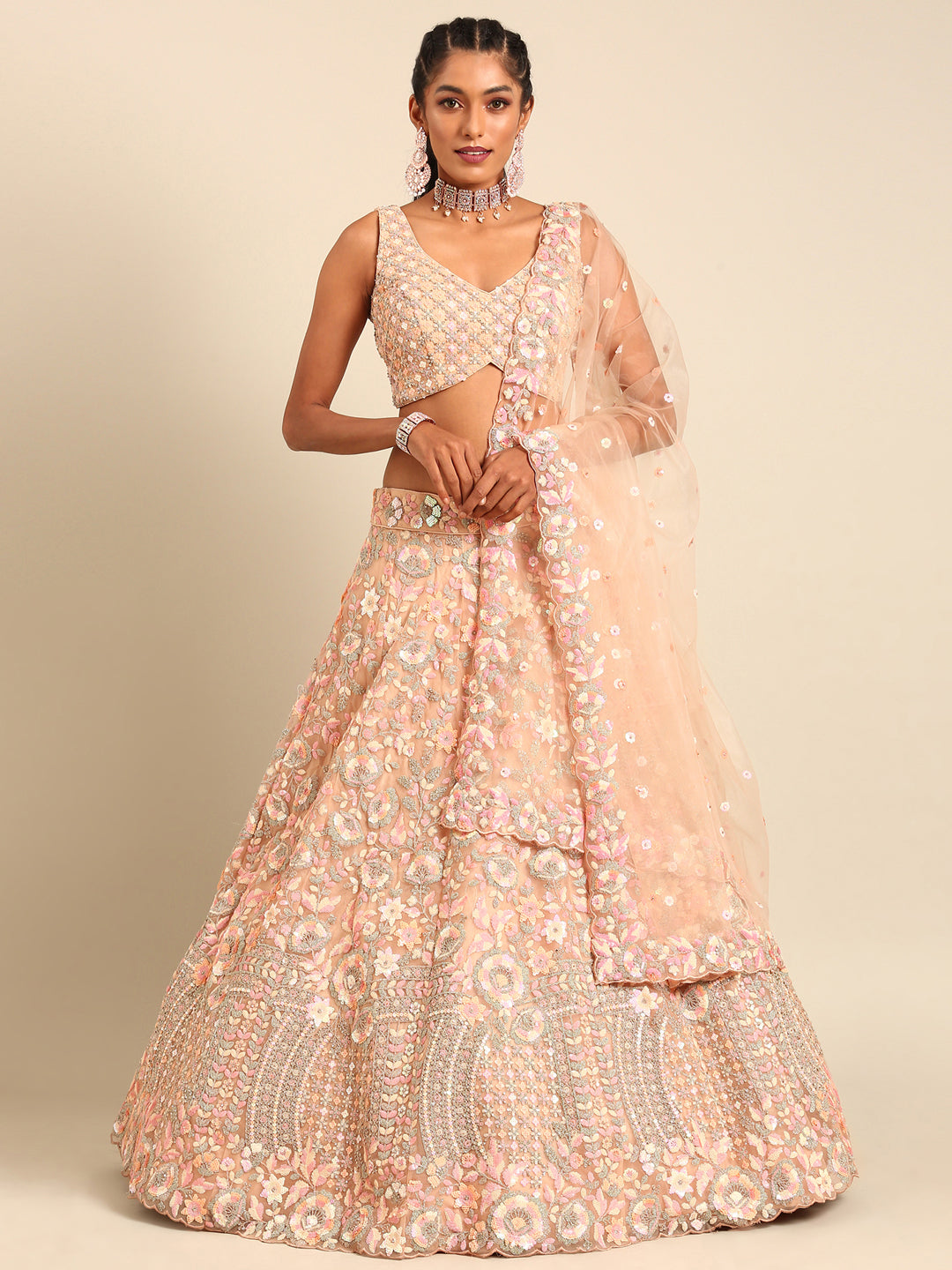 House of Panchhi Peach Net Multi Sequins with heavy Zarkan embroidery Lehenga choli & Dupatta | Swadesiicart