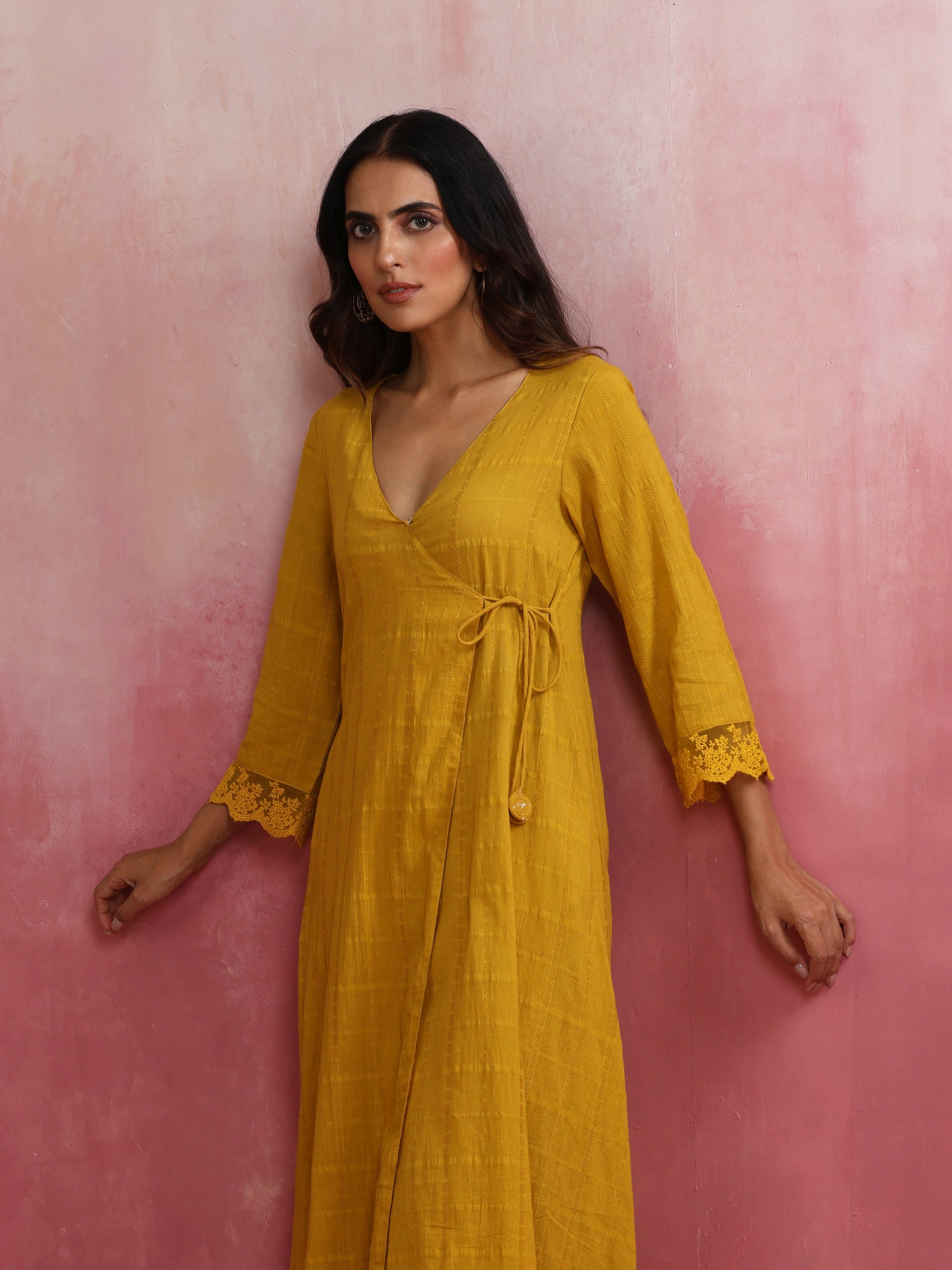 trueBrowns Mustard Cotton Dobby Kurta Set | Swadesiicart