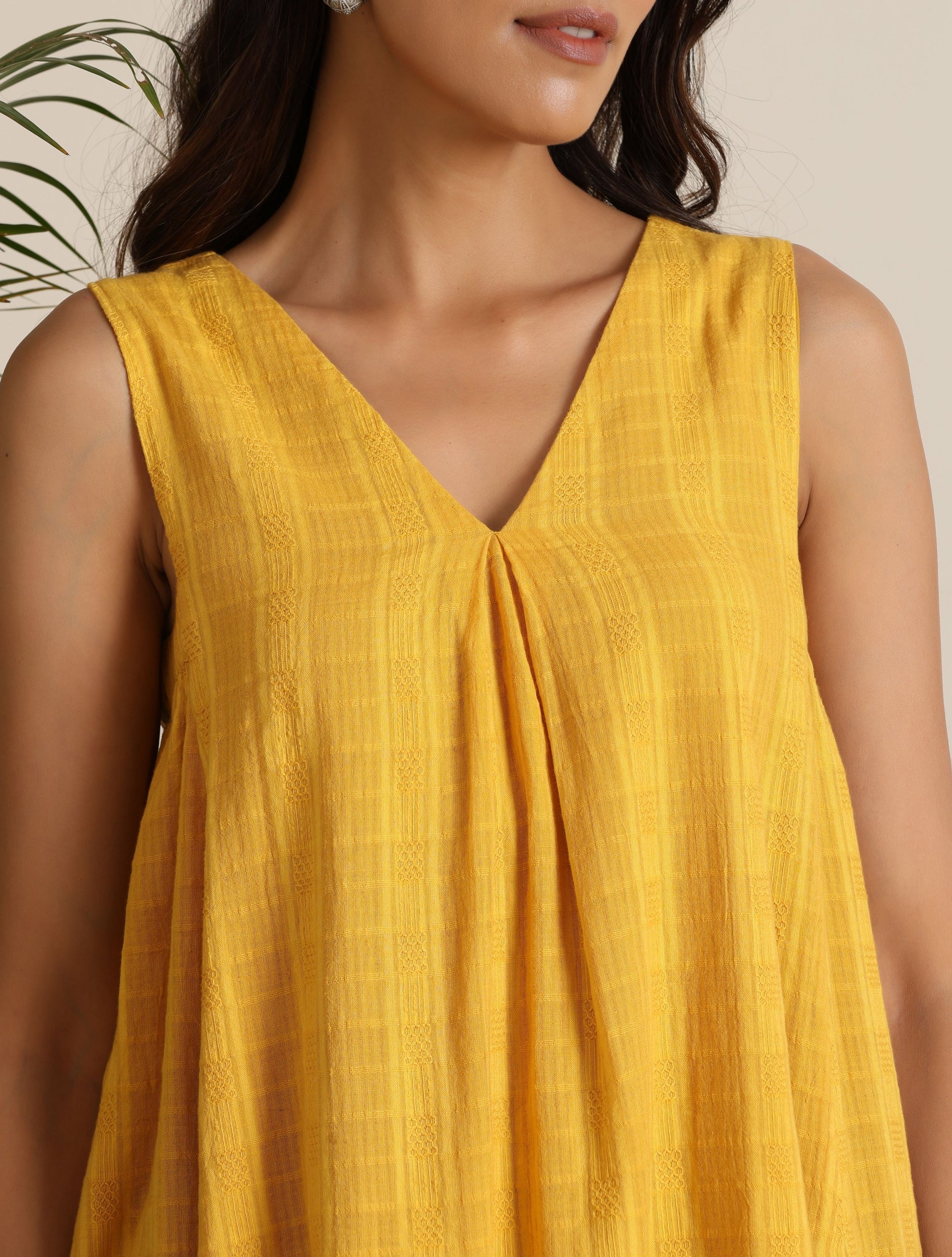 trueBrowns Mustard Cotton Dobby Sleeveless Co-ord Set - Swadesiicart