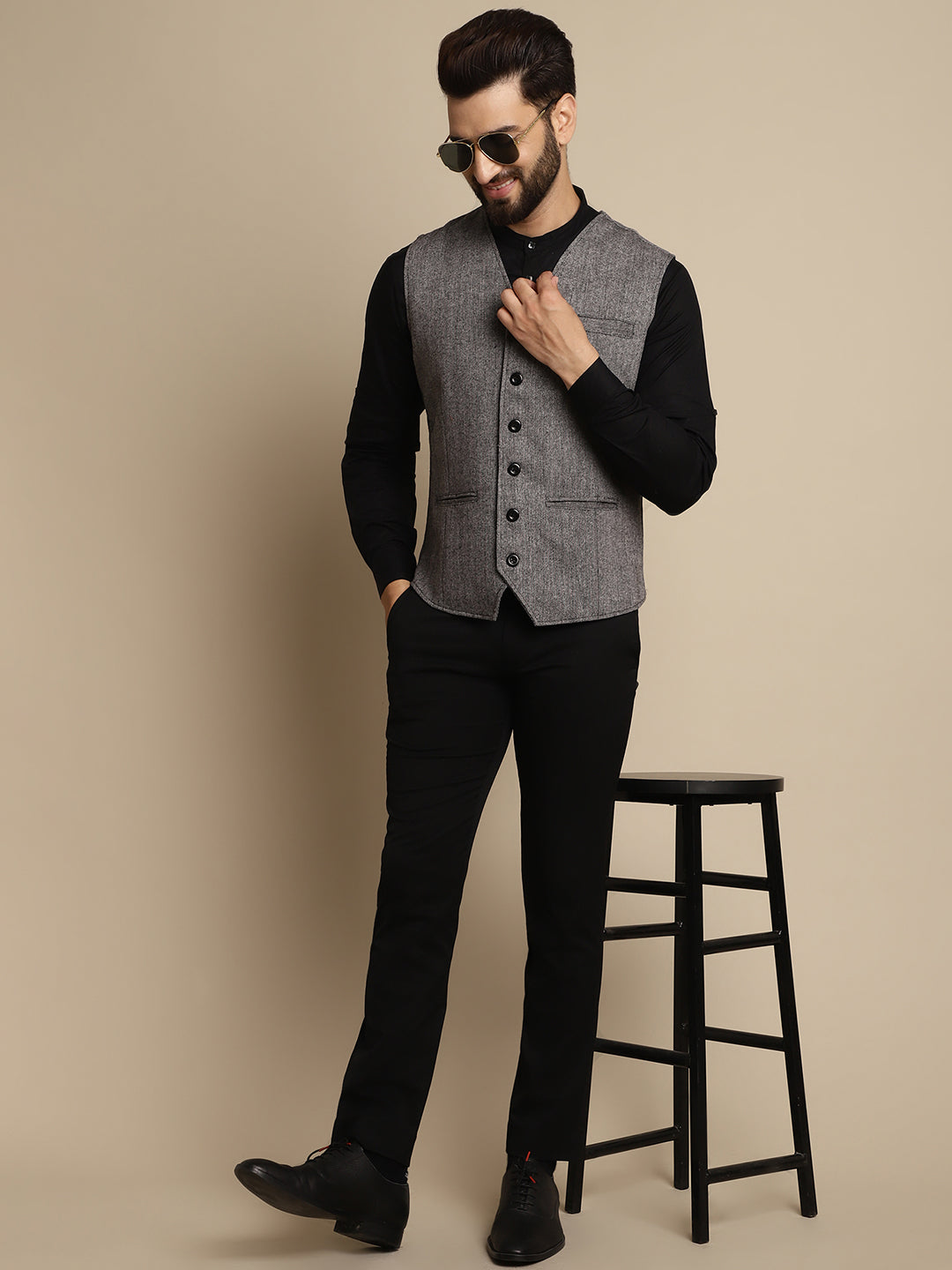 Even Apparels Men's Black Woolen Waistcoat with welt pockets | Swadesiicart