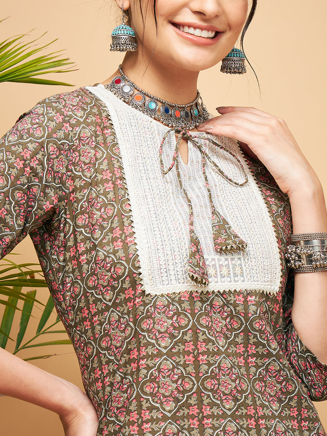 InWeave Women's Green Red Ajrakh Print Cotton Patch Work Straight Kurta - Swadesiicart