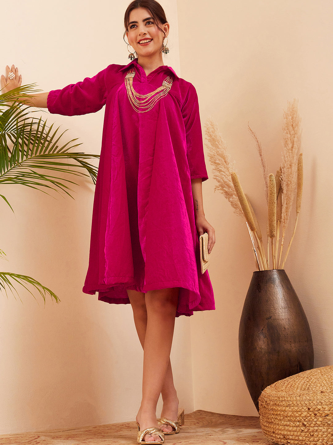 InWeave Women's Fuchsia Velvet Collared Neck Flared Midi Dress - Swadesiicart