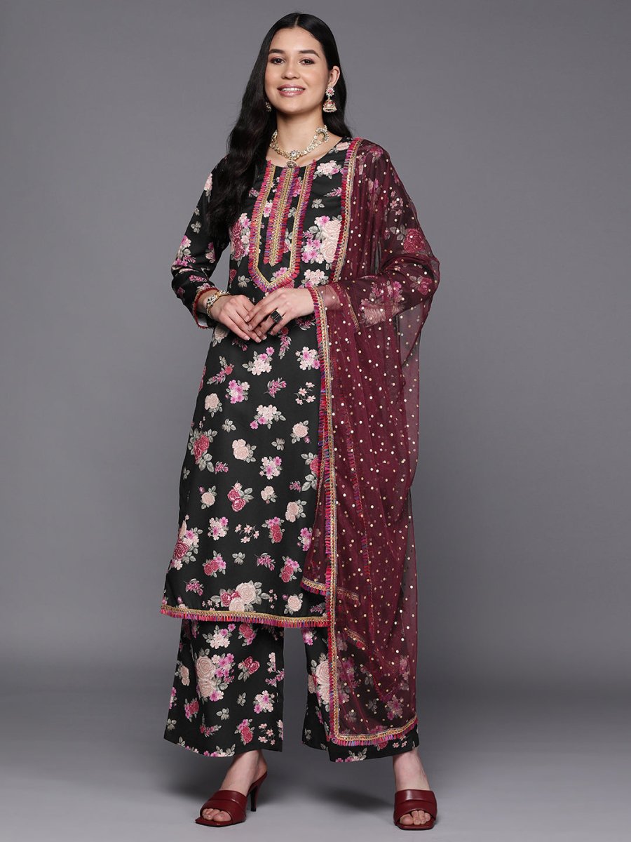 Ahalyaa Women Black Floral Printed Gotta Patti Kurta with Palazzos & With Dupatta | Swadesiicart