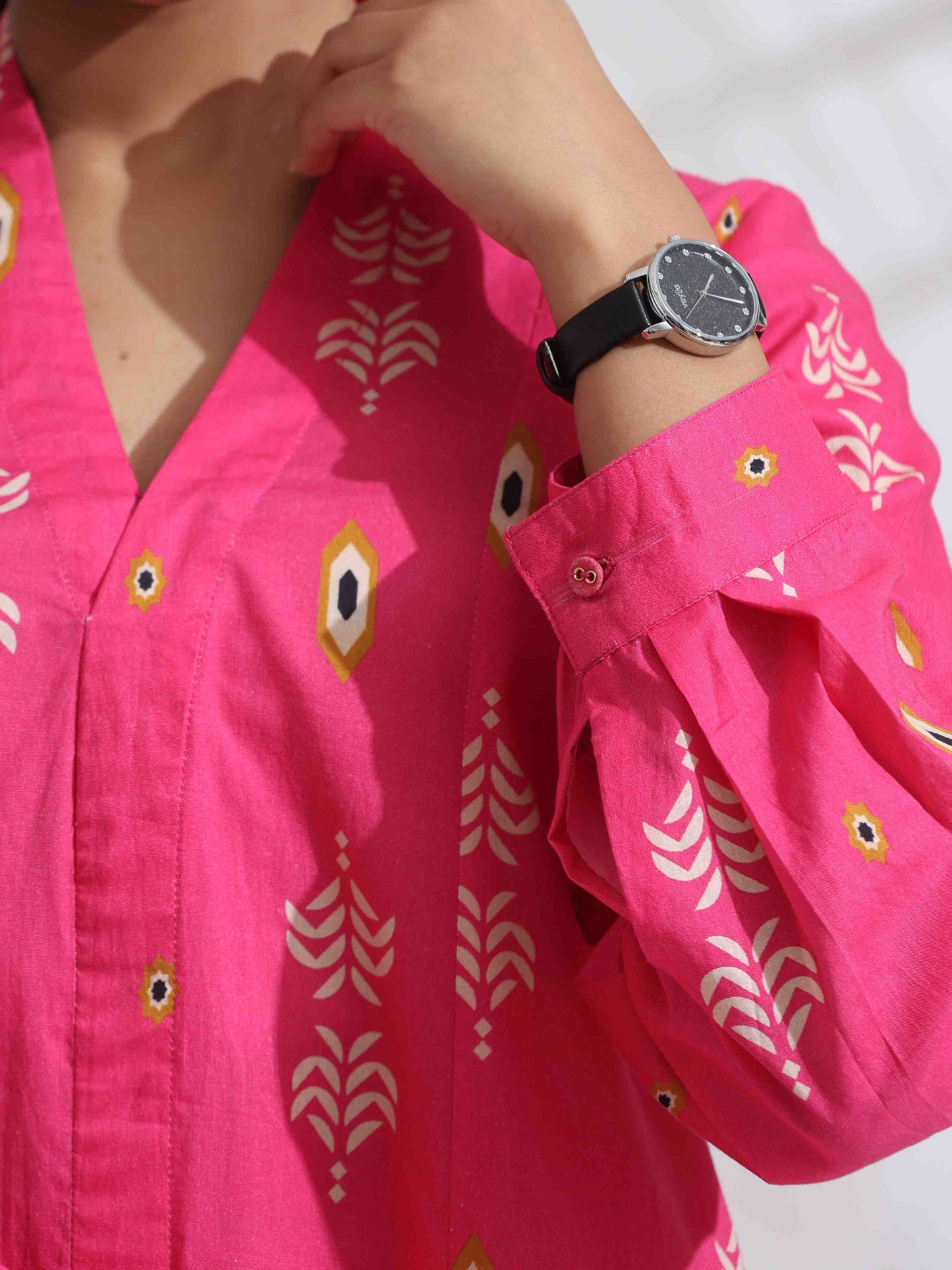 trueBrowns Pink Cotton Print Flared Top Co-ord Set - Swadesiicart